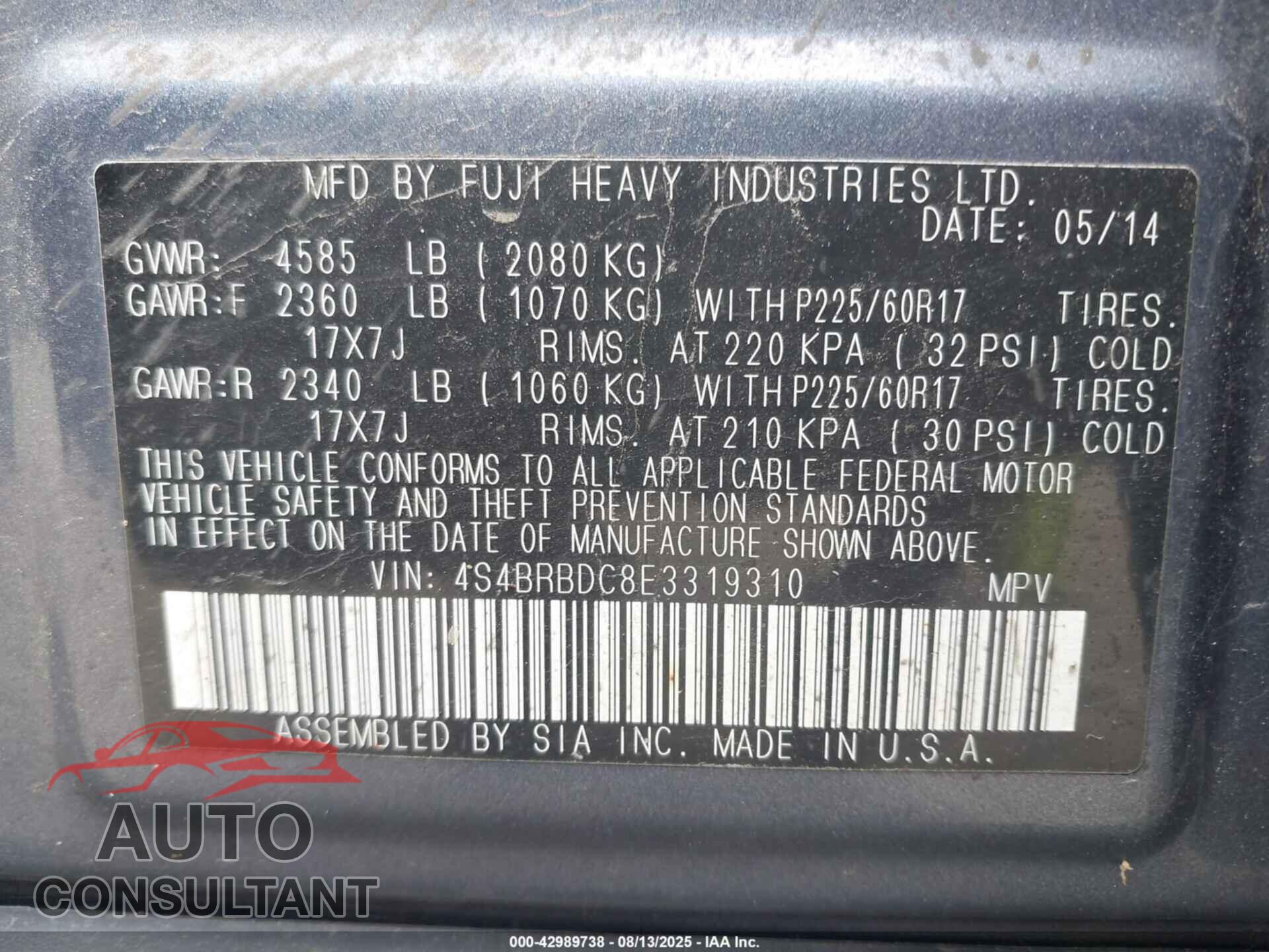 SUBARU OUTBACK 2014 - 4S4BRBDC8E3319310