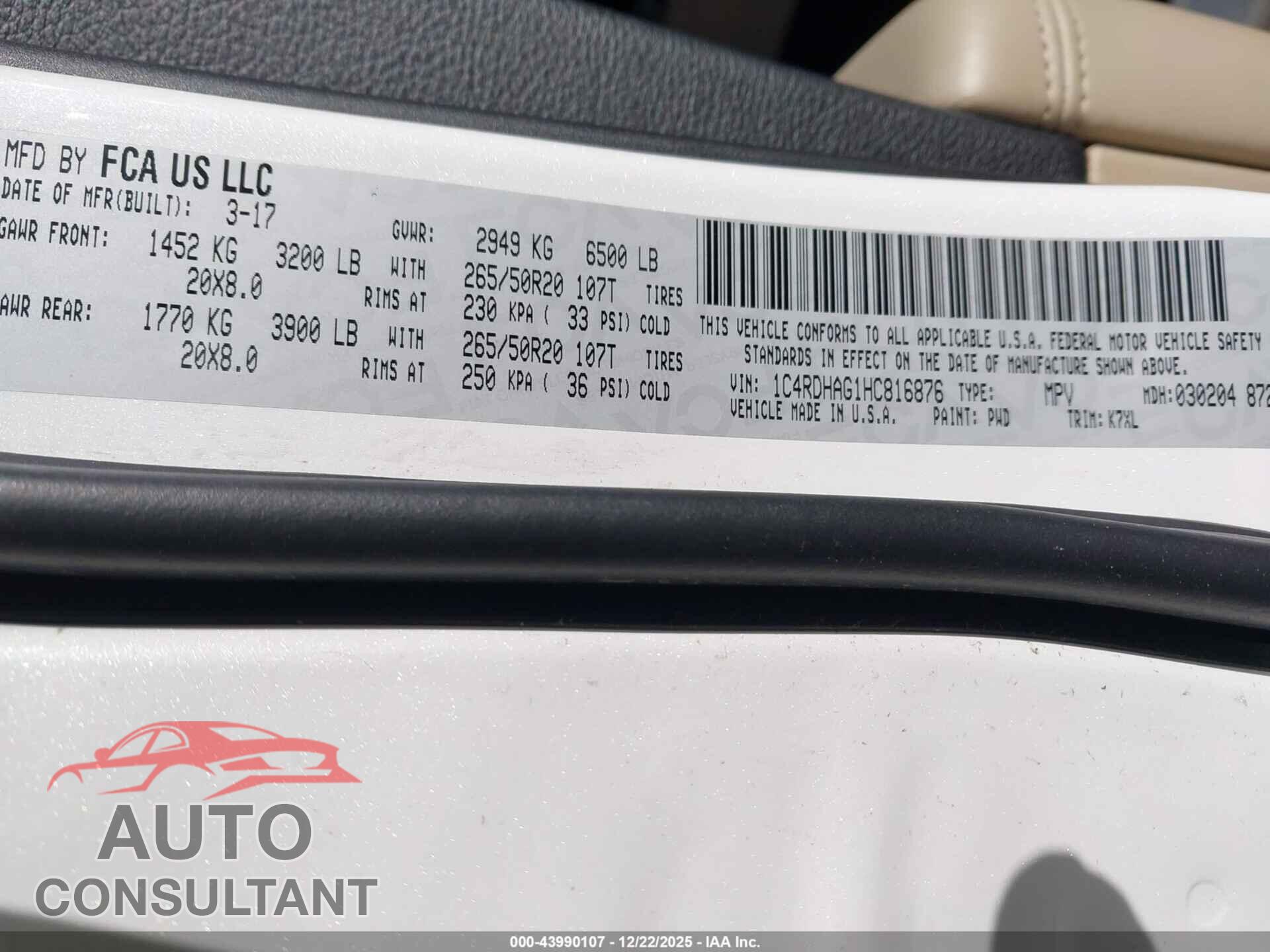 DODGE DURANGO 2017 - 1C4RDHAG1HC816876