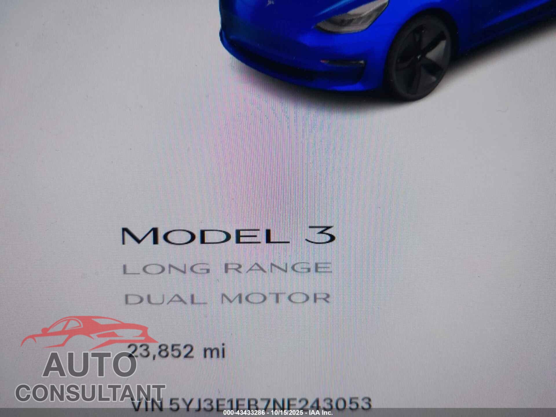 TESLA MODEL 3 2022 - 5YJ3E1EB7NF243053
