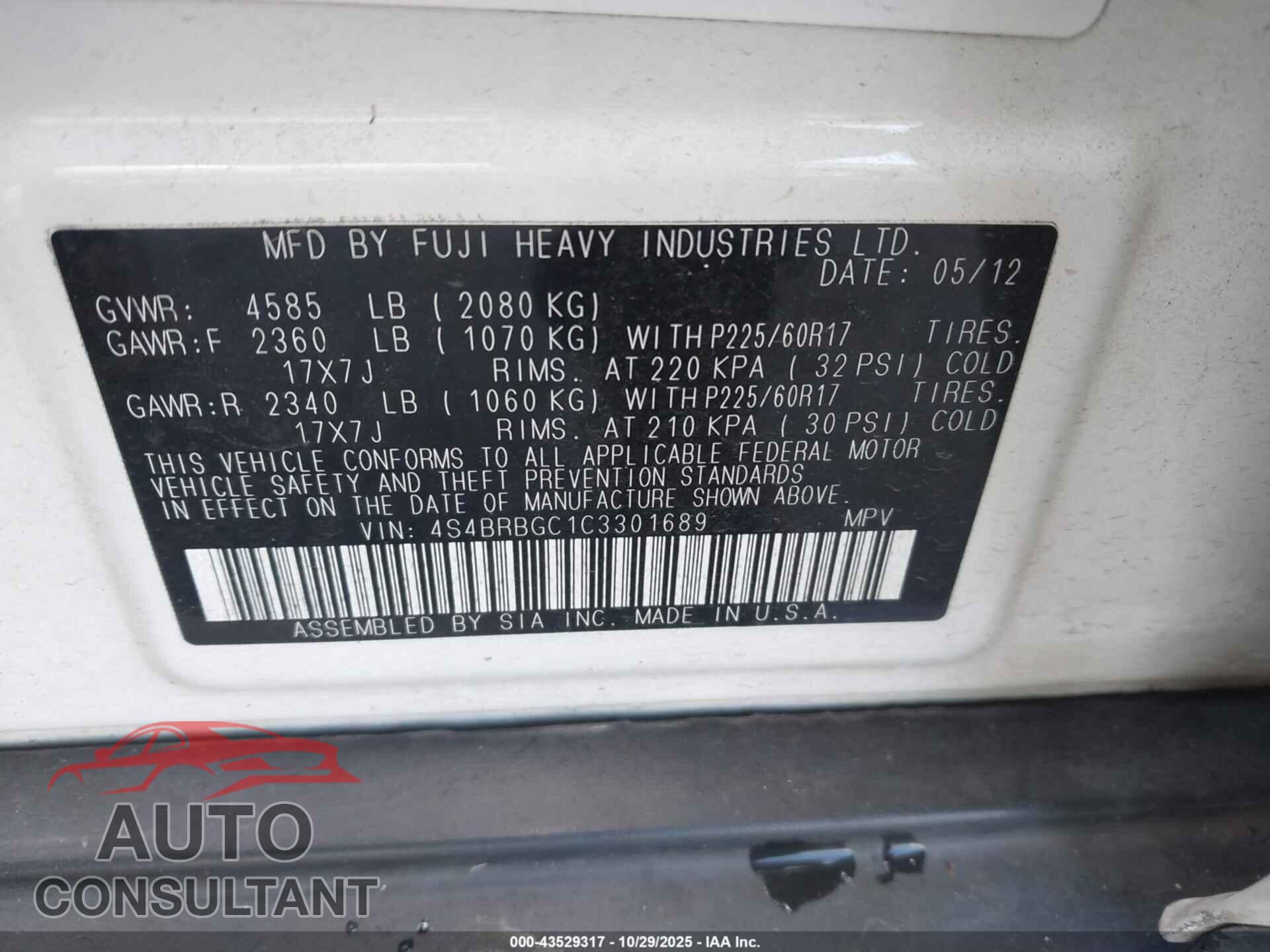 SUBARU OUTBACK 2012 - 4S4BRBGC1C3301689