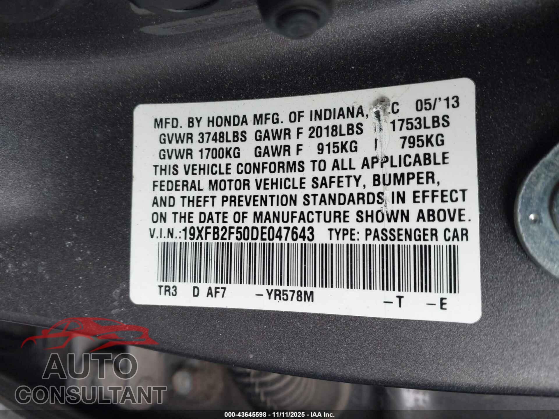 HONDA CIVIC 2013 - 19XFB2F50DE047643