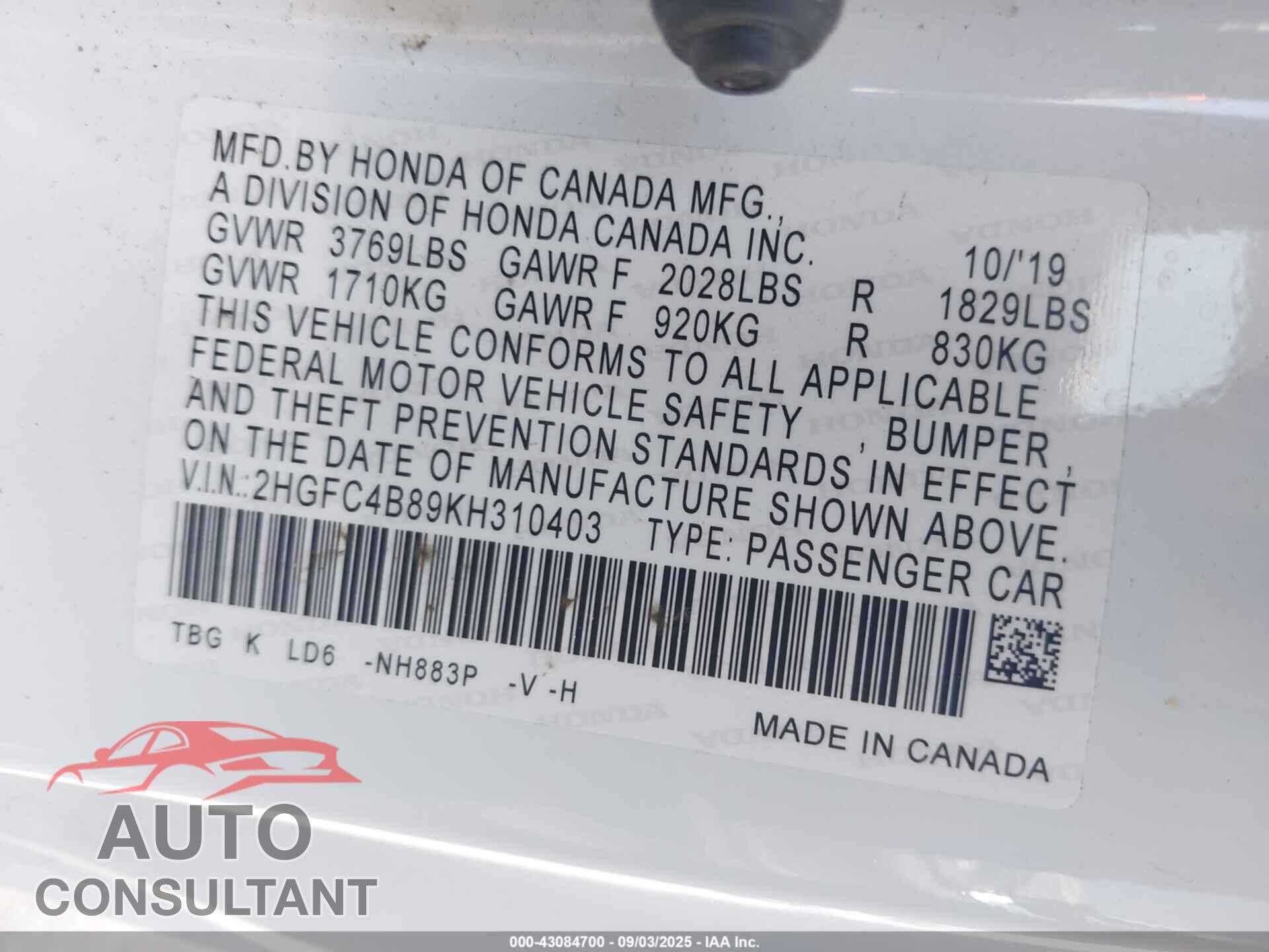 HONDA CIVIC 2019 - 2HGFC4B89KH310403