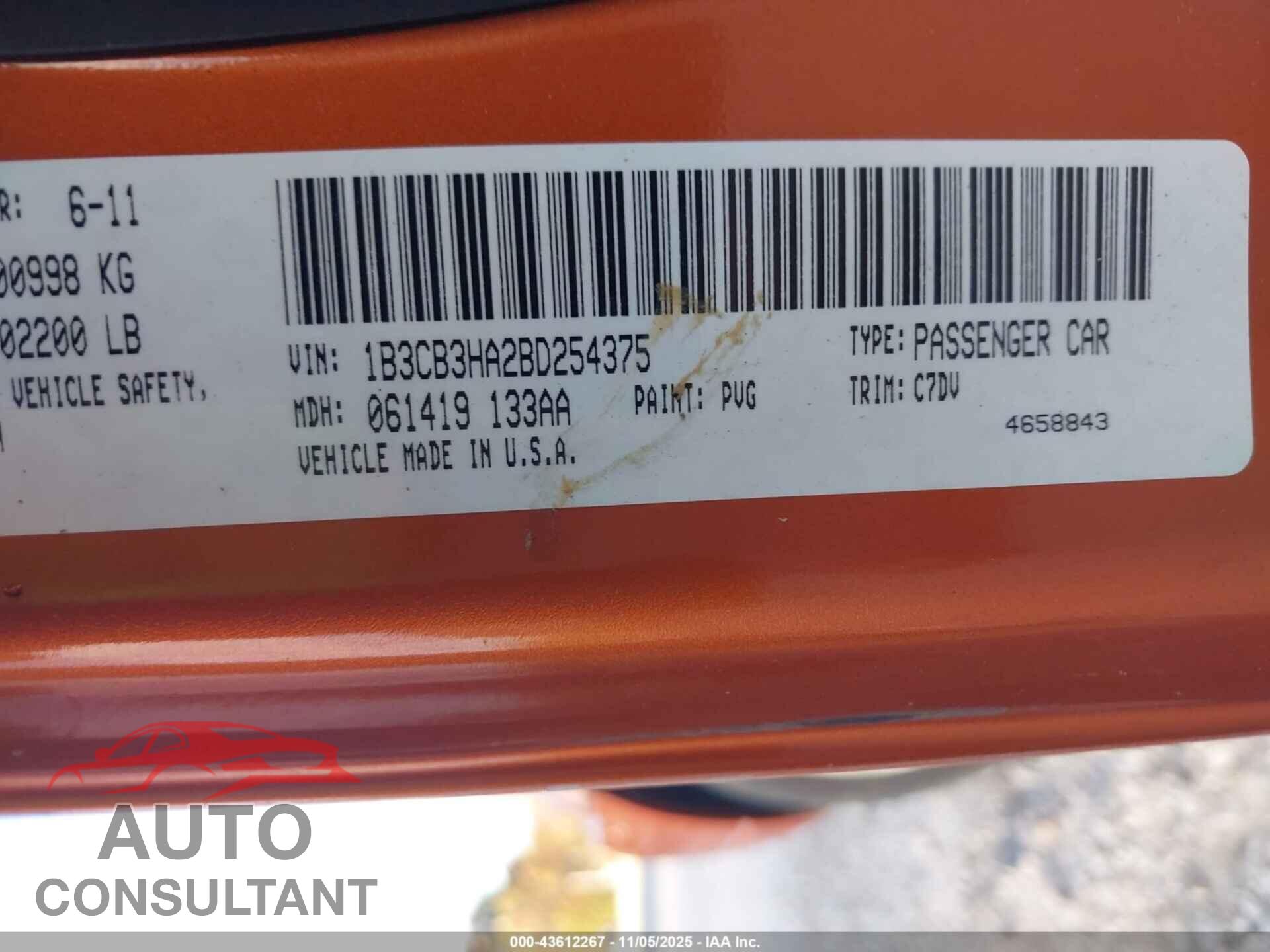 DODGE CALIBER 2011 - 1B3CB3HA2BD254375