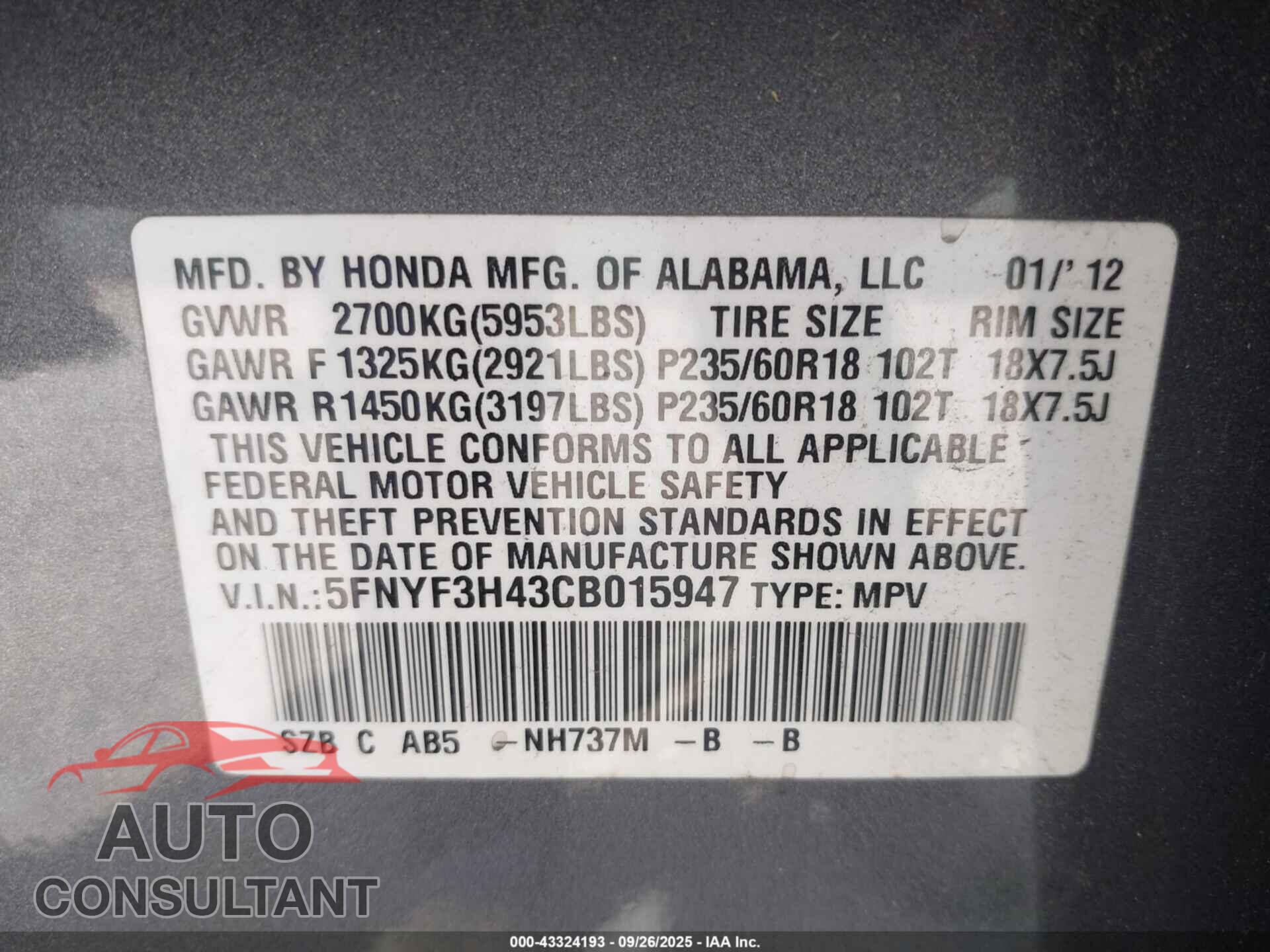 HONDA PILOT 2012 - 5FNYF3H43CB015947