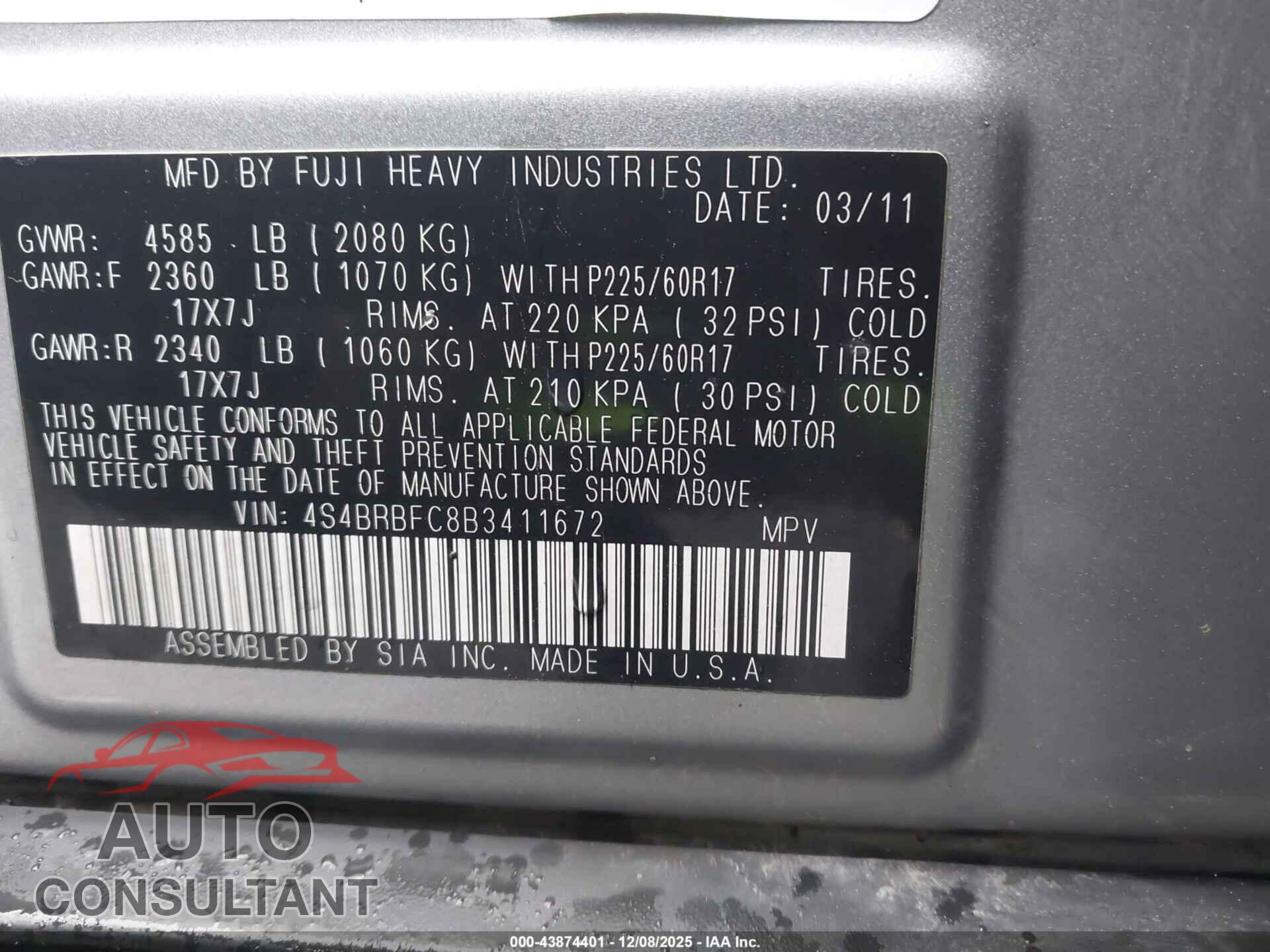 SUBARU OUTBACK 2011 - 4S4BRBFC8B3411672