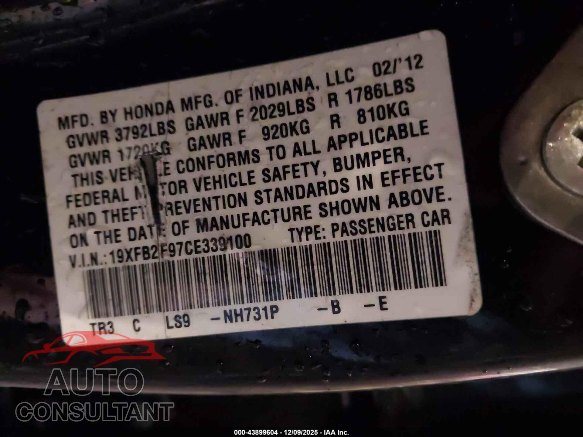 HONDA CIVIC 2012 - 19XFB2F97CE339100