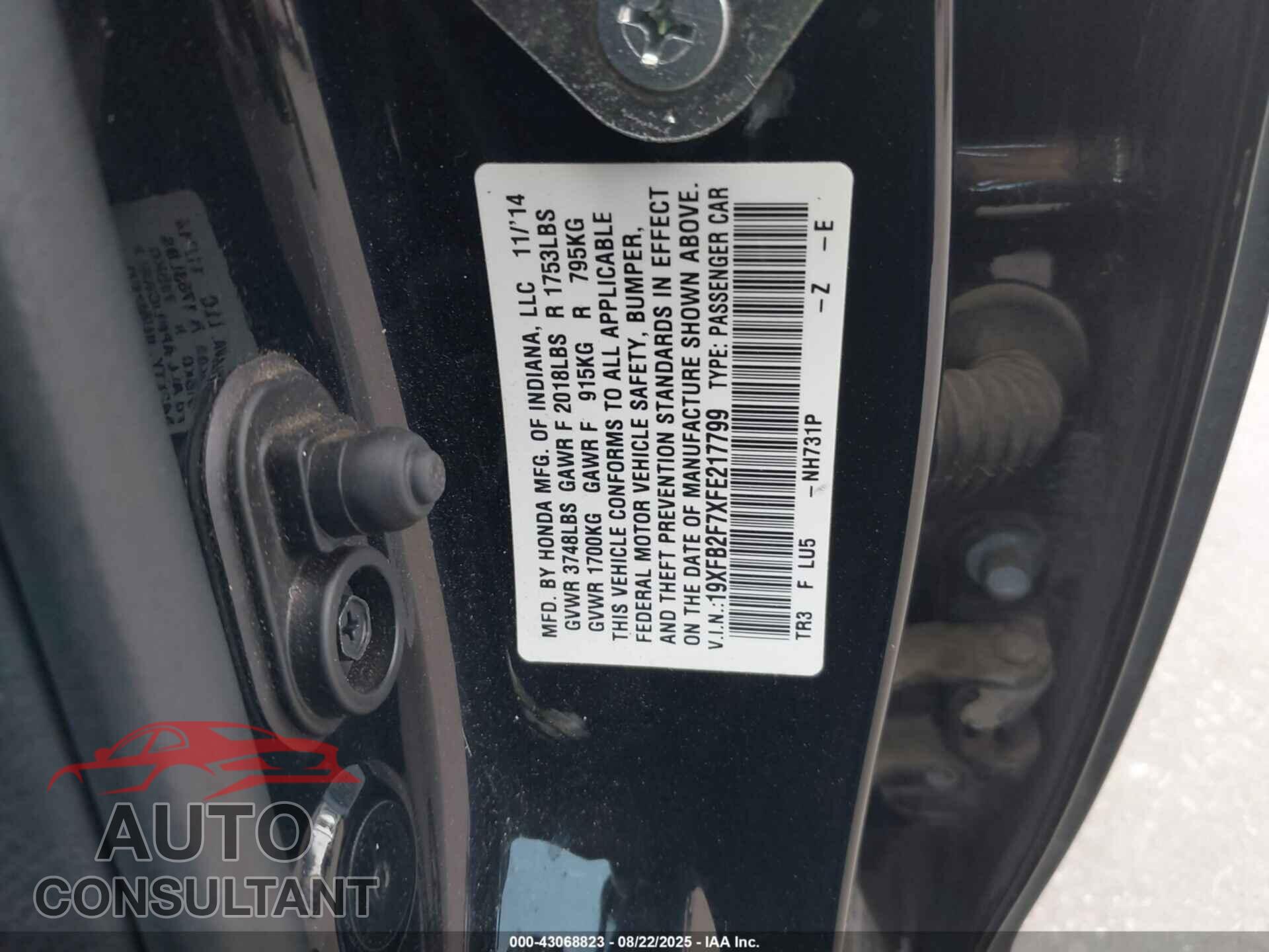 HONDA CIVIC 2015 - 19XFB2F7XFE217799
