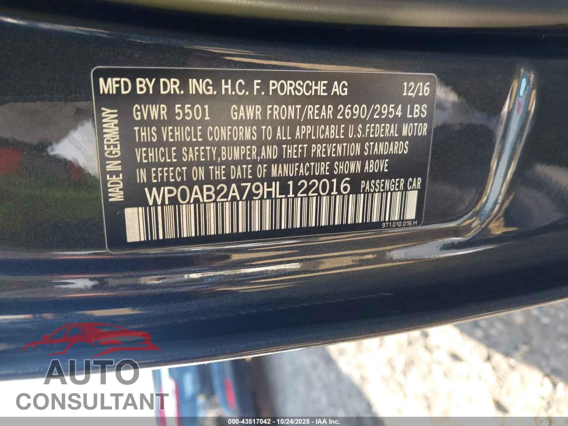 PORSCHE PANAMERA 2017 - WP0AB2A79HL122016