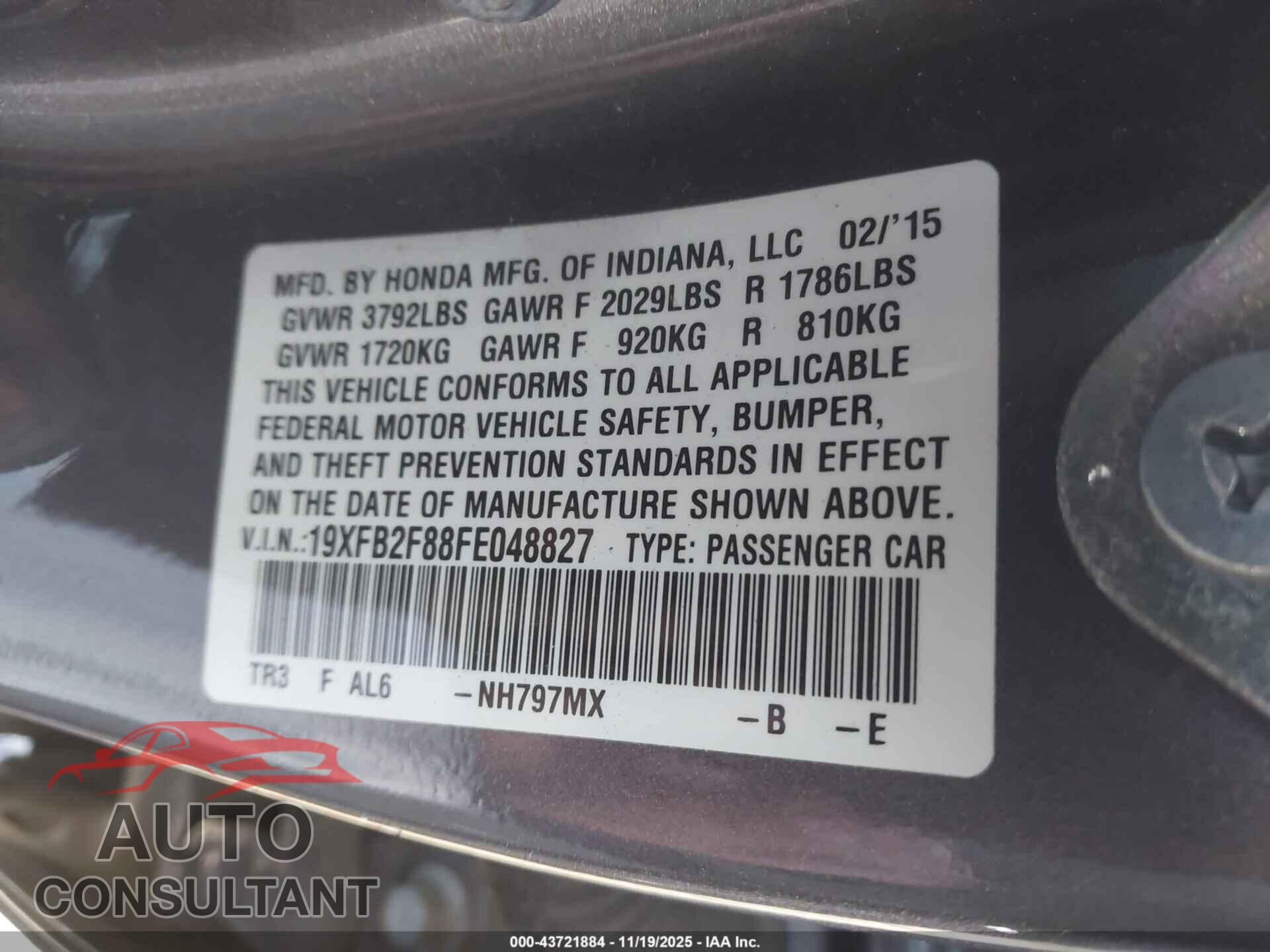HONDA CIVIC 2015 - 19XFB2F88FE048827