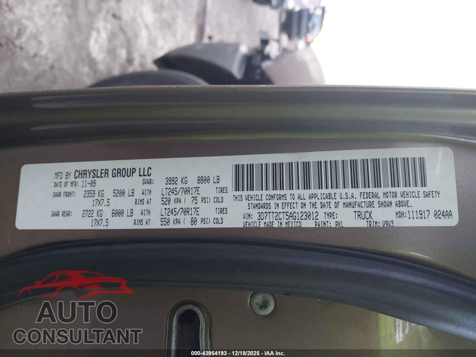 DODGE RAM 2500 2010 - 3D7TT2CT5AG123012