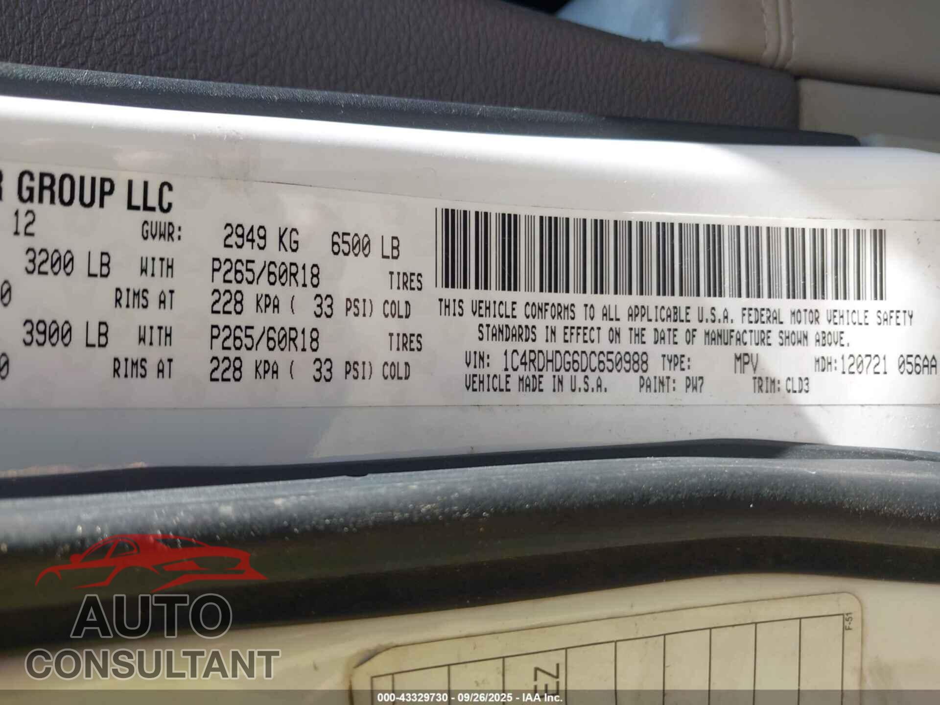 DODGE DURANGO 2013 - 1C4RDHDG6DC650988