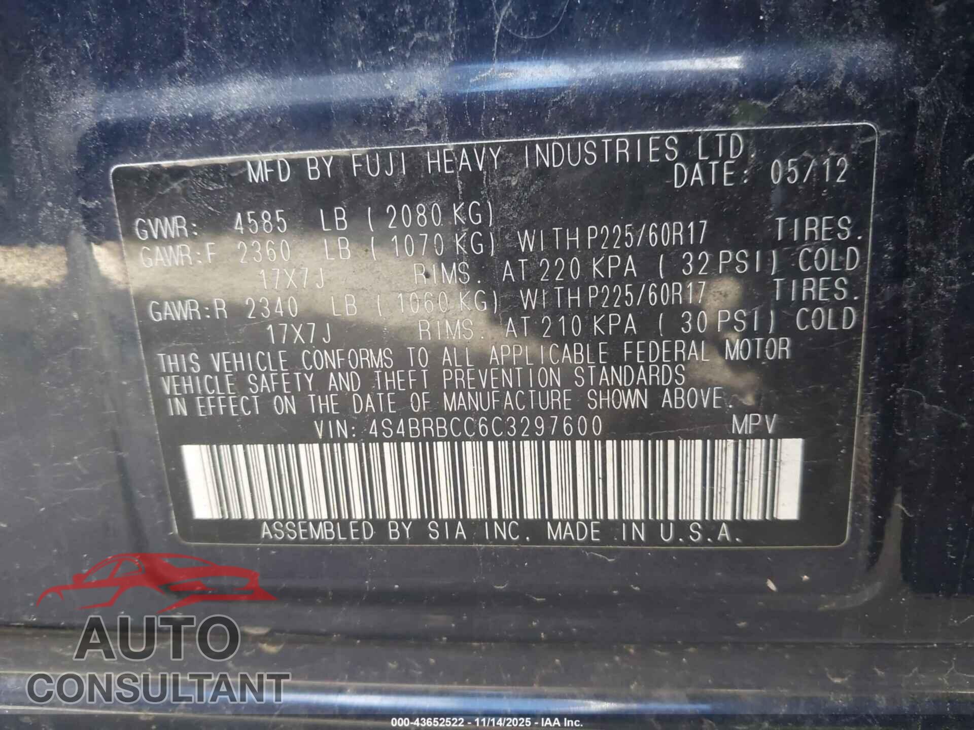 SUBARU OUTBACK 2012 - 4S4BRBCC6C3297600