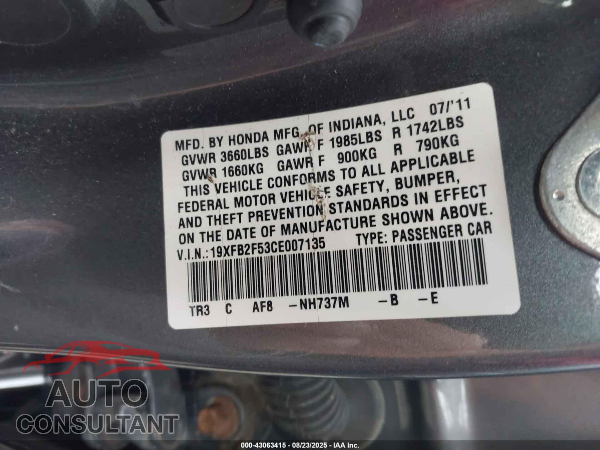 HONDA CIVIC 2012 - 19XFB2F53CE007135