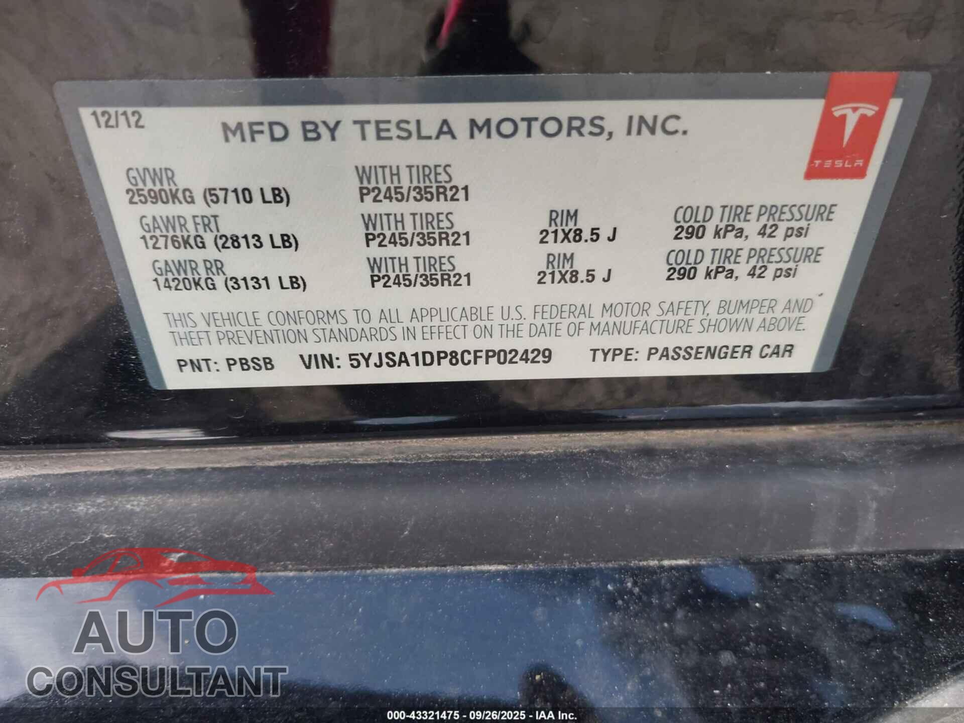 TESLA MODEL S 2012 - 5YJSA1DP8CFP02429
