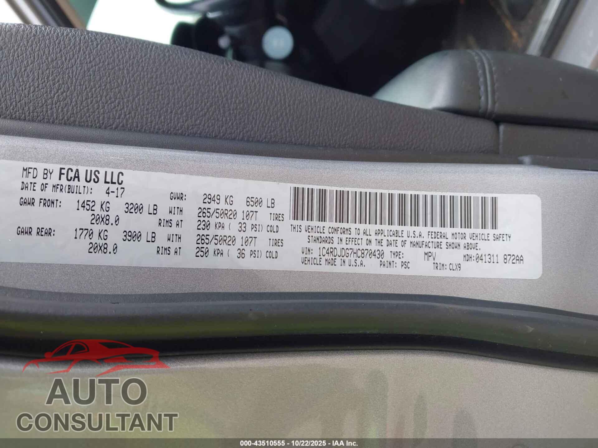 DODGE DURANGO 2017 - 1C4RDJDG7HC870430