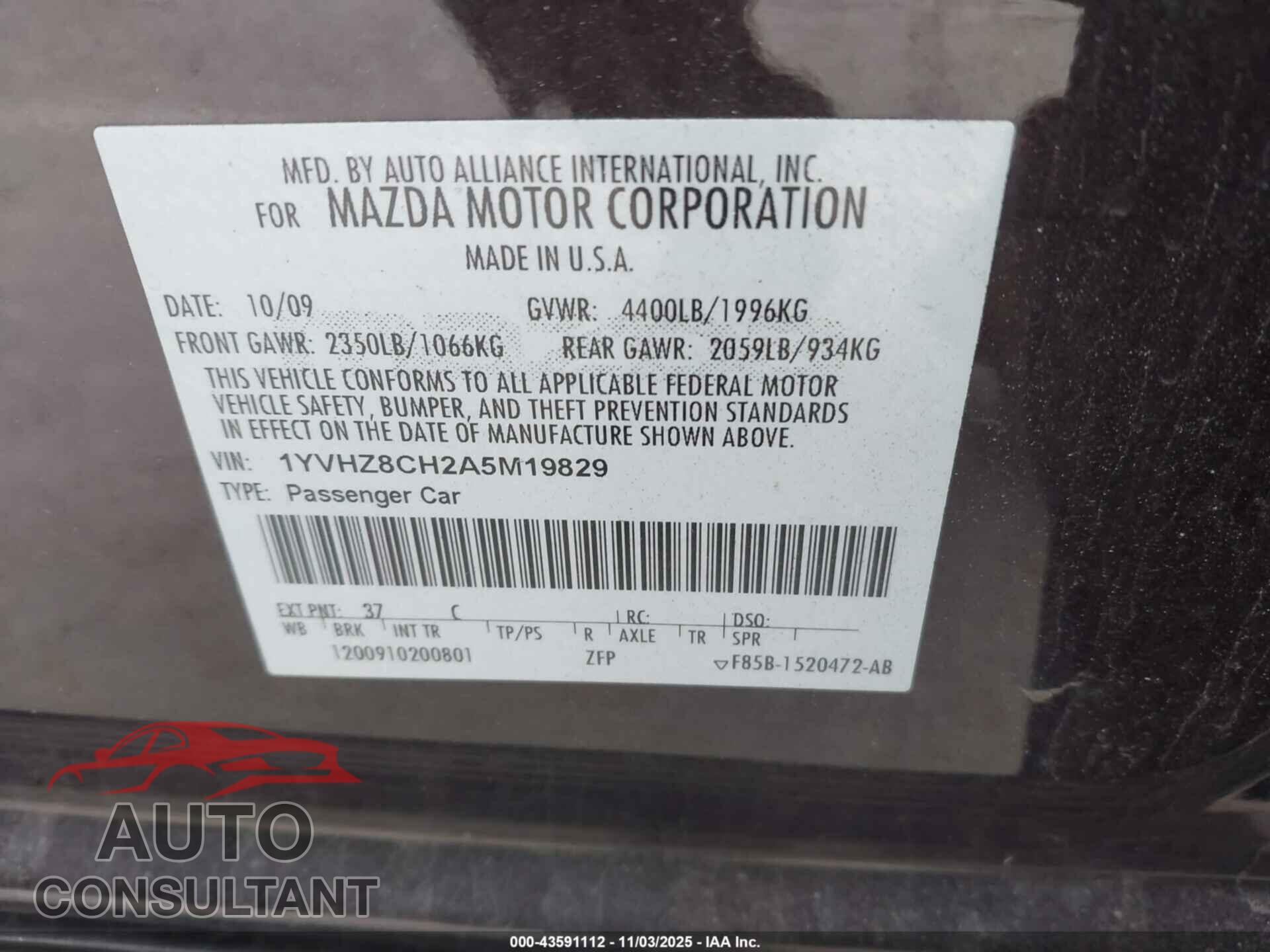 MAZDA MAZDA6 2010 - 1YVHZ8CH2A5M19829