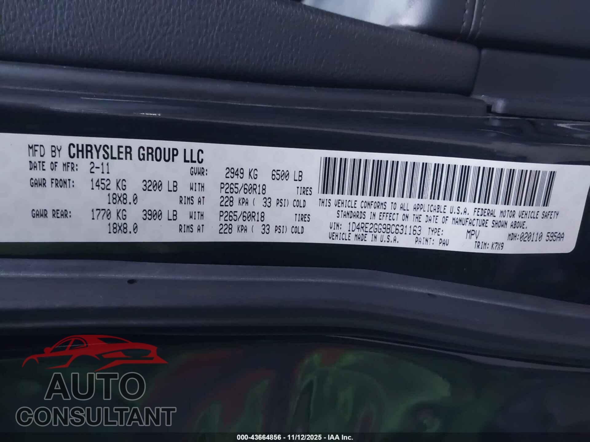 DODGE DURANGO 2011 - 1D4RE2GG9BC631163
