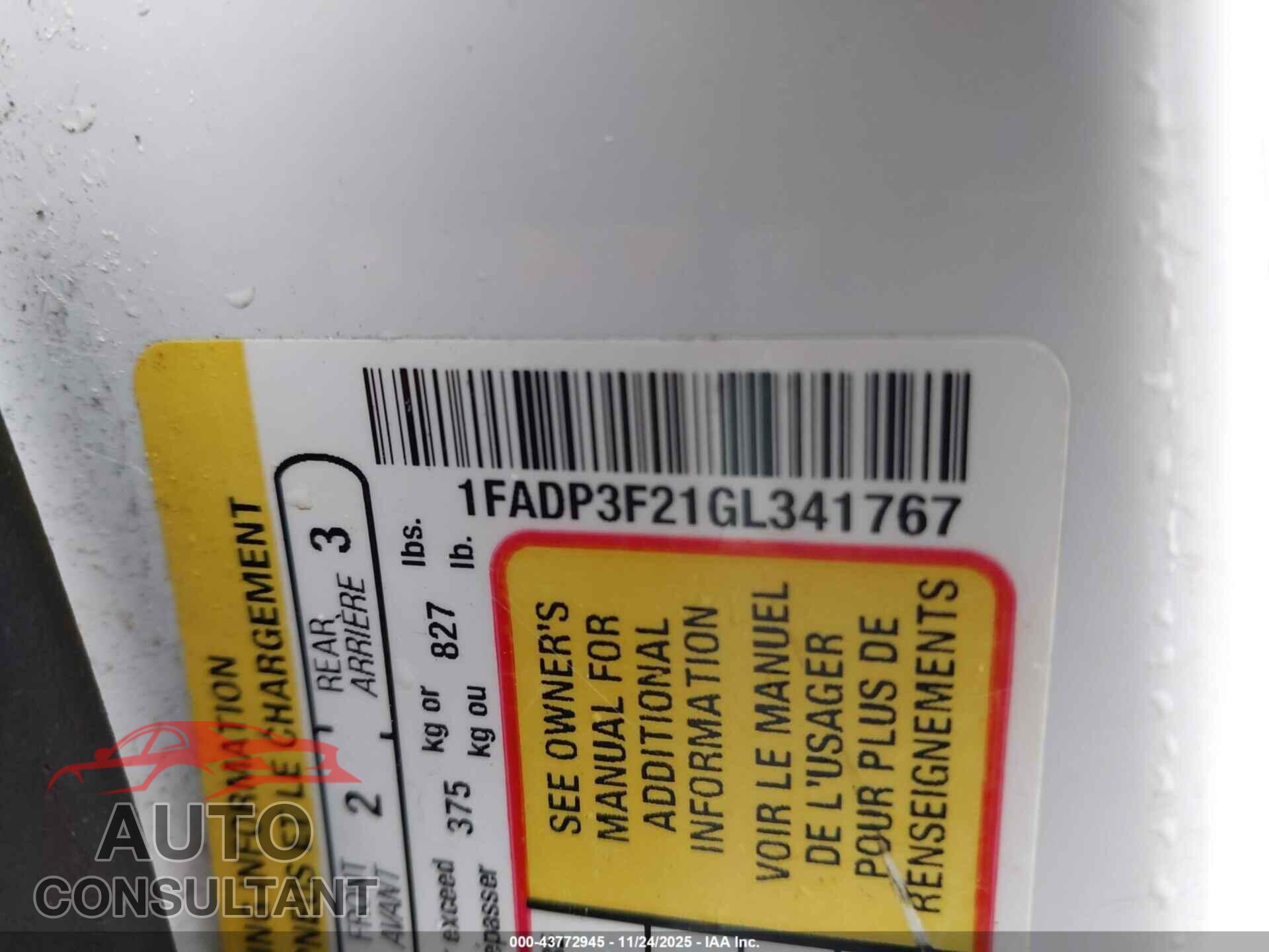 FORD FOCUS 2016 - 1FADP3F21GL341767