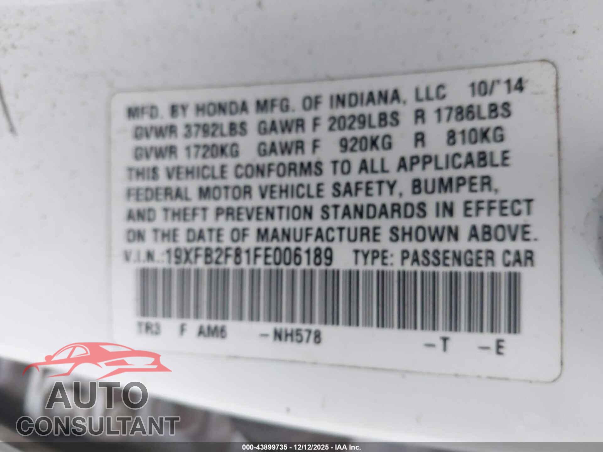 HONDA CIVIC 2015 - 19XFB2F81FE006189