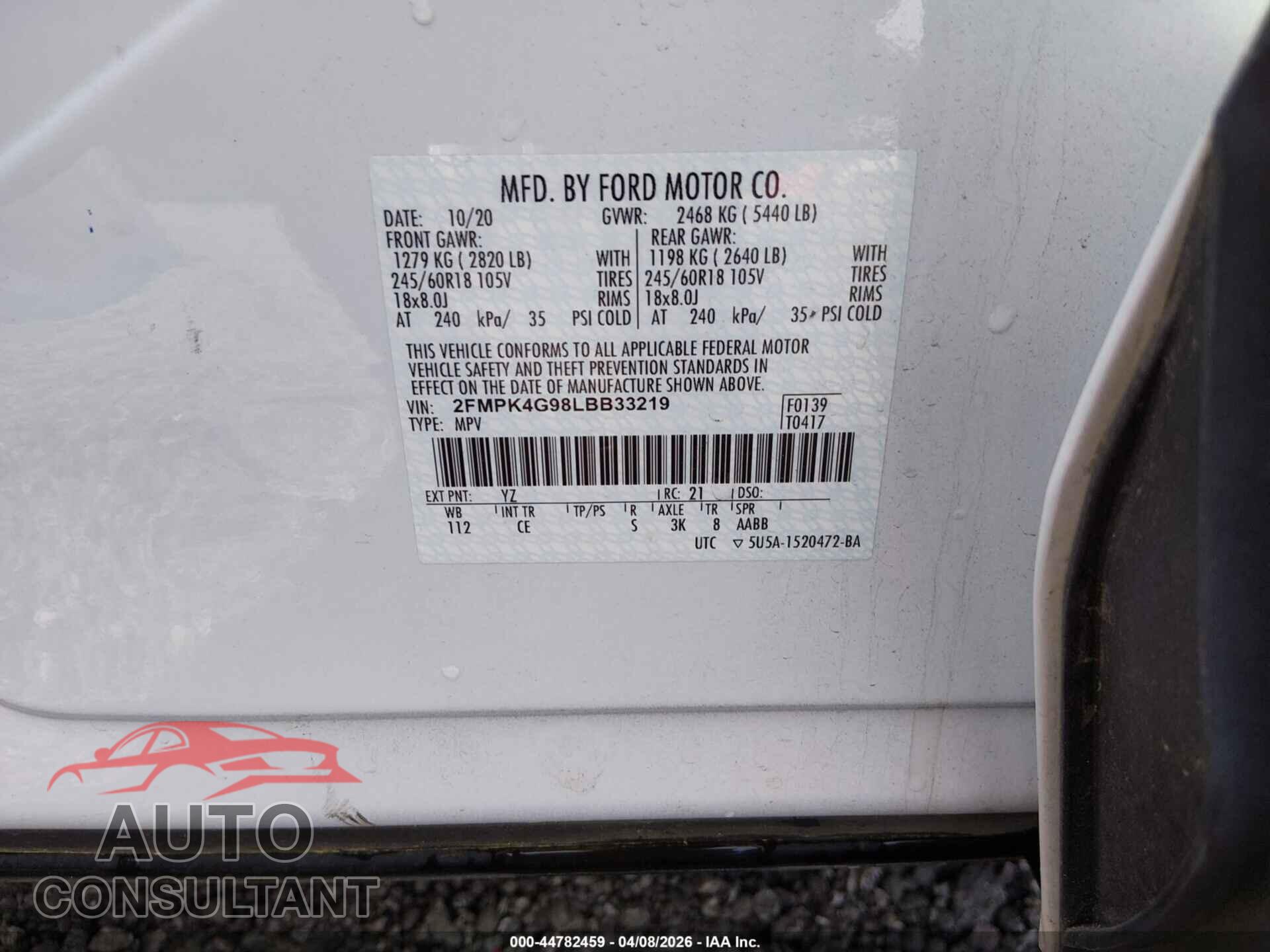 FORD EDGE 2020 - 2FMPK4G98LBB33219