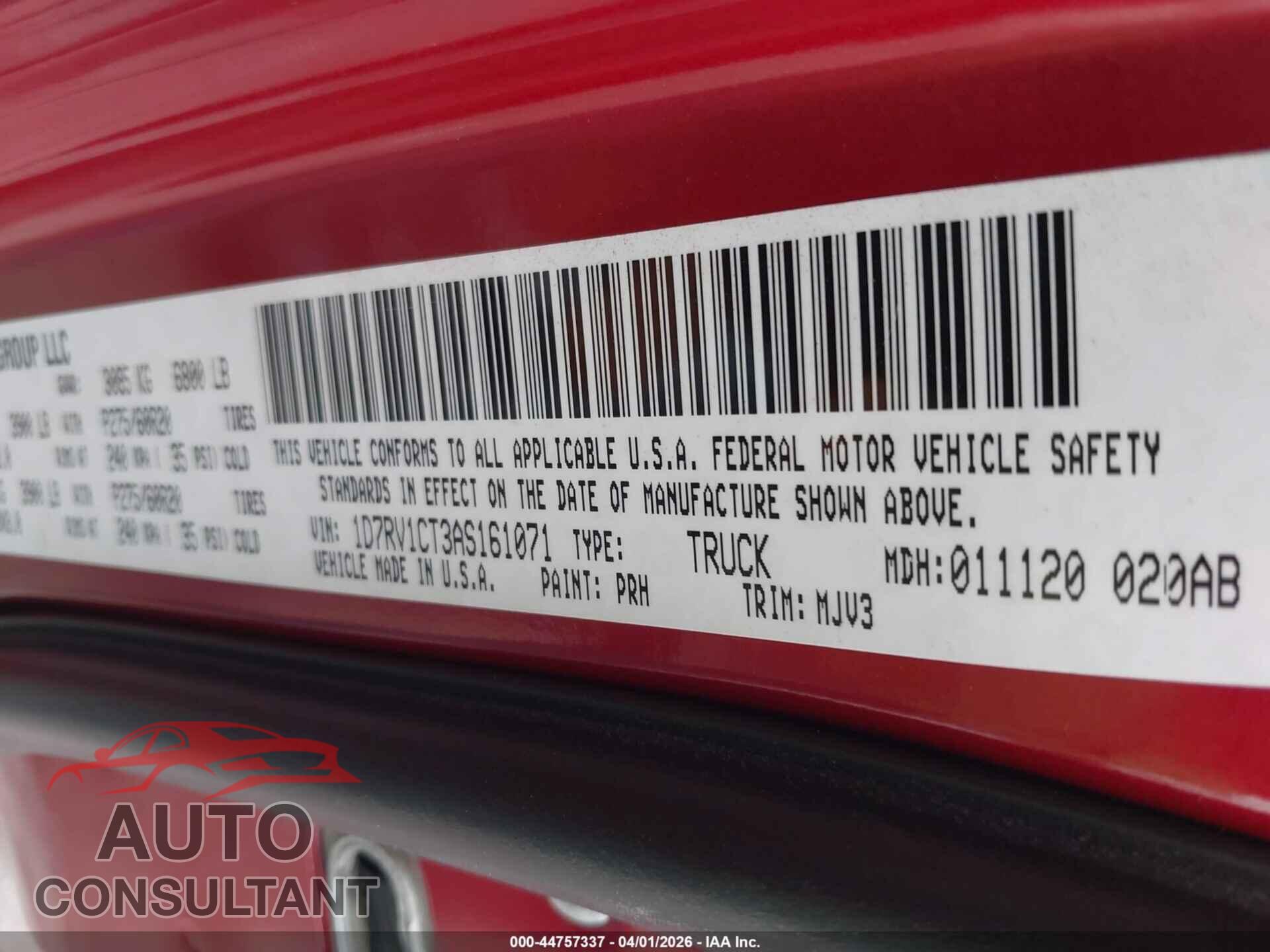 DODGE RAM 1500 2010 - 1D7RV1CT3AS161071