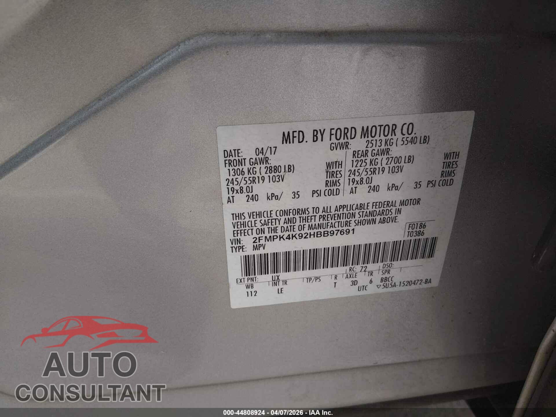 FORD EDGE 2017 - 2FMPK4K92HBB97691