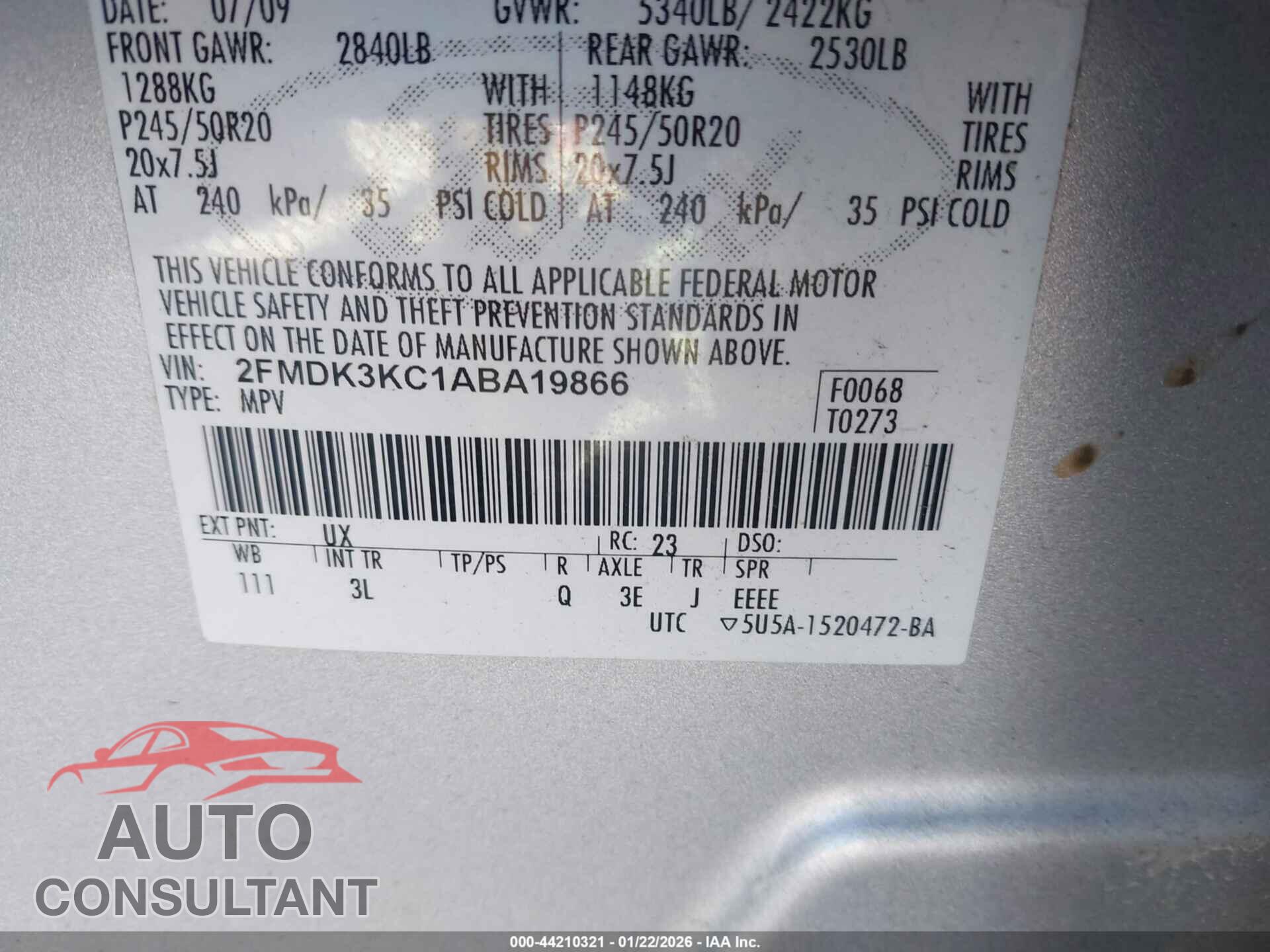 FORD EDGE 2010 - 2FMDK3KC1ABA19866