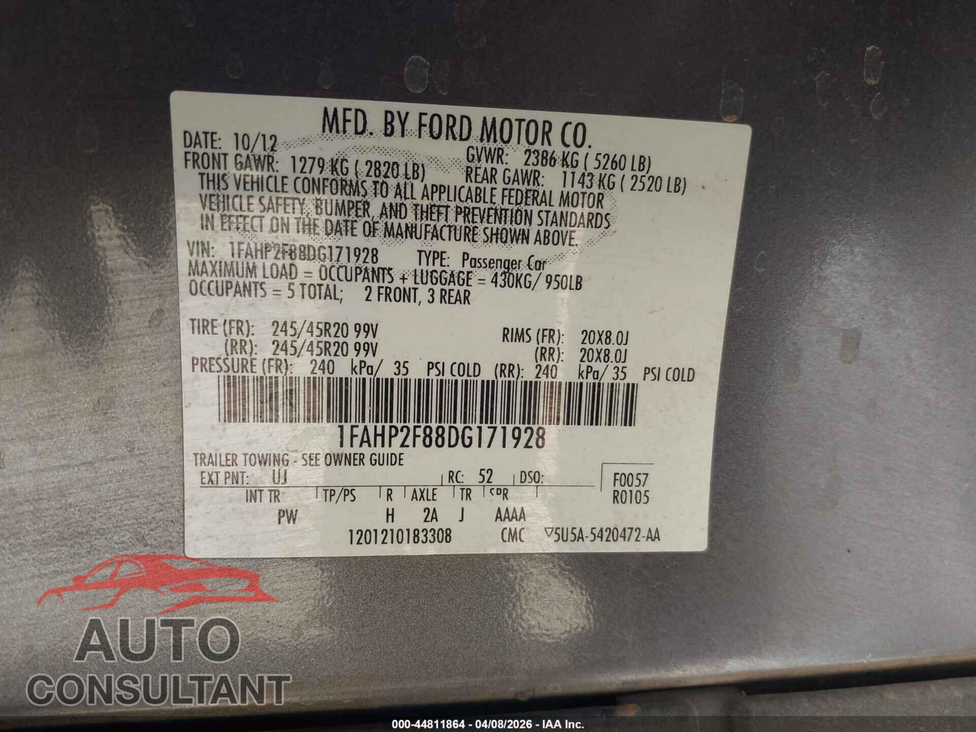 FORD TAURUS 2013 - 1FAHP2F88DG171928
