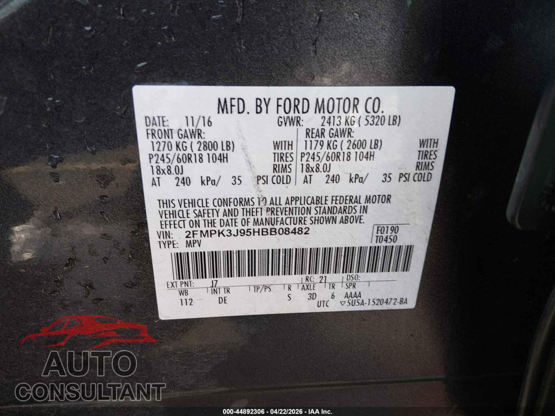 FORD EDGE 2017 - 2FMPK3J95HBB08482