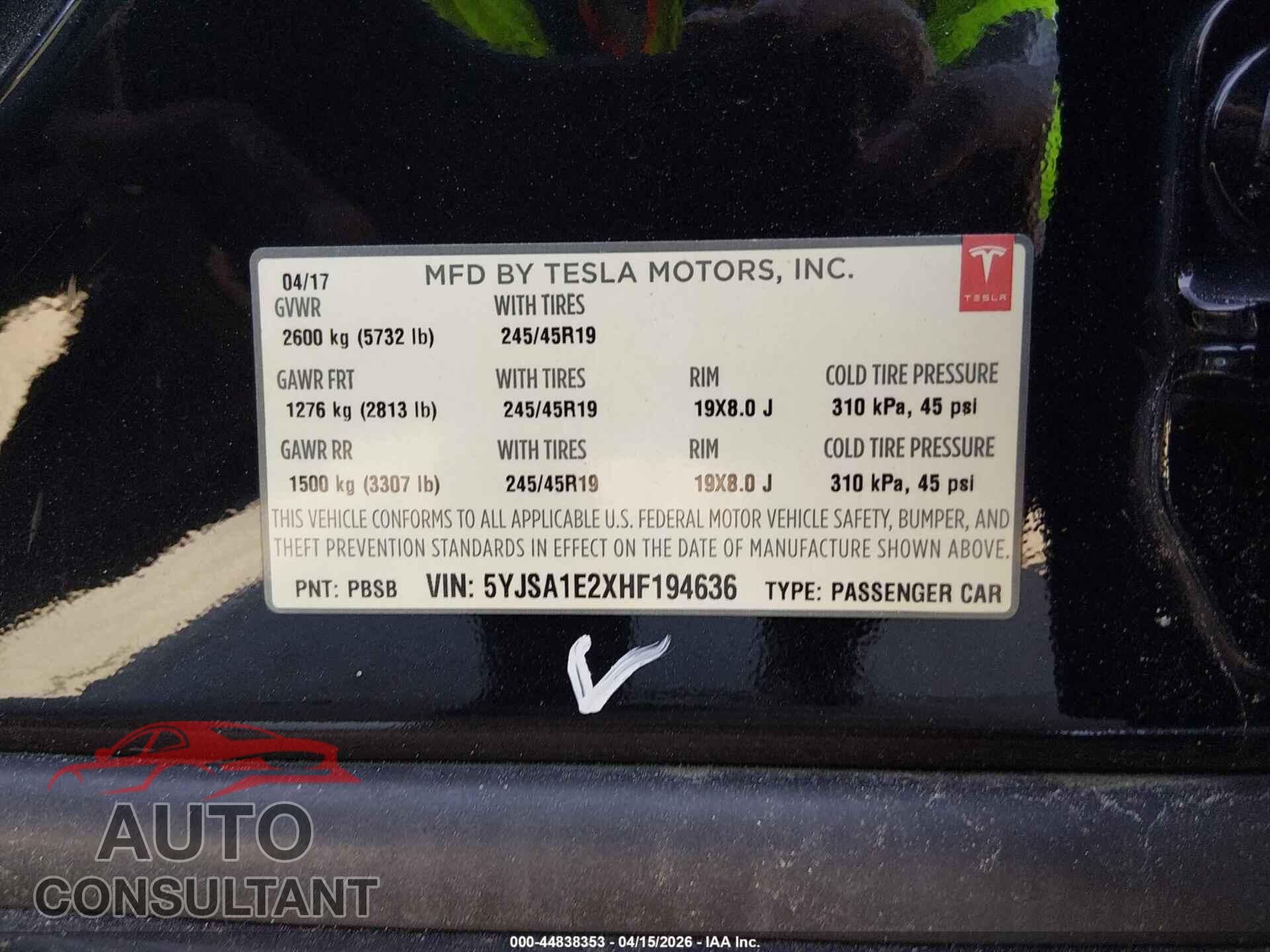 TESLA MODEL S 2017 - 5YJSA1E2XHF194636