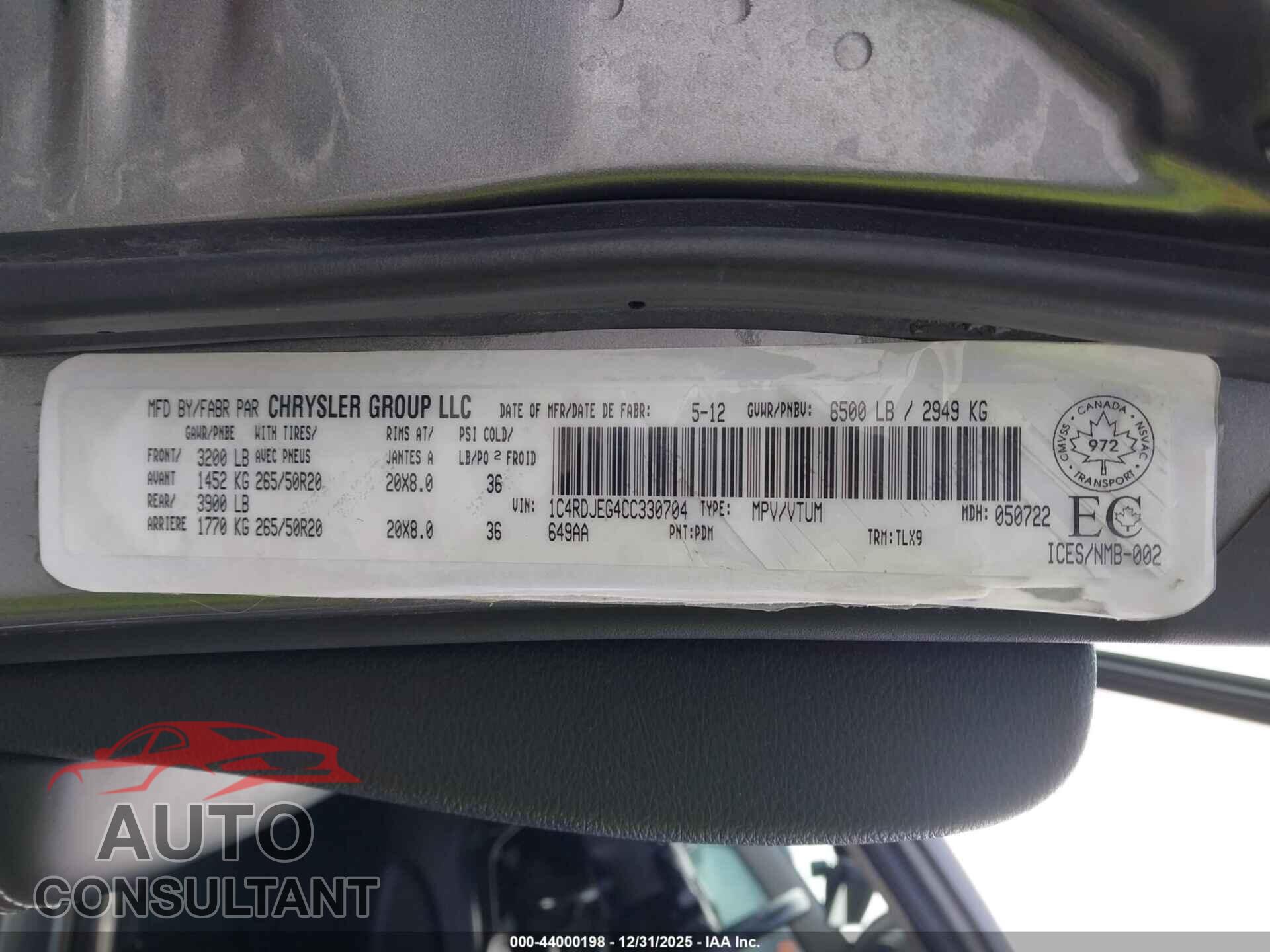 DODGE DURANGO 2012 - 1C4RDJEG4CC330704