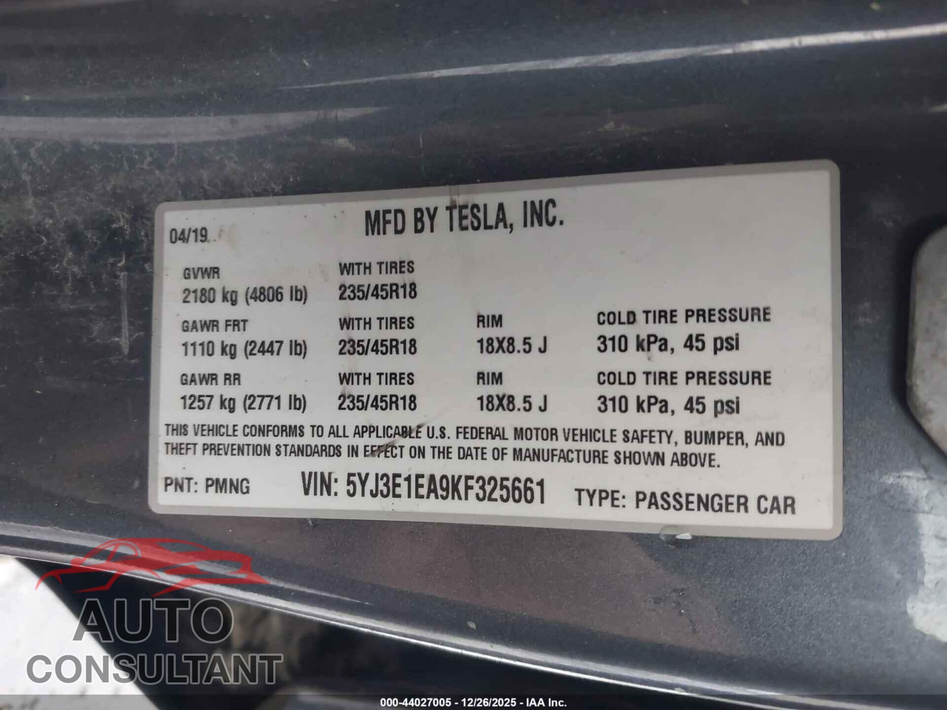 TESLA MODEL 3 2019 - 5YJ3E1EA9KF325661