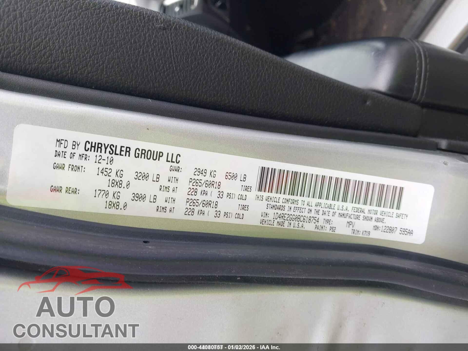 DODGE DURANGO 2011 - 1D4RE2GG0BC618754
