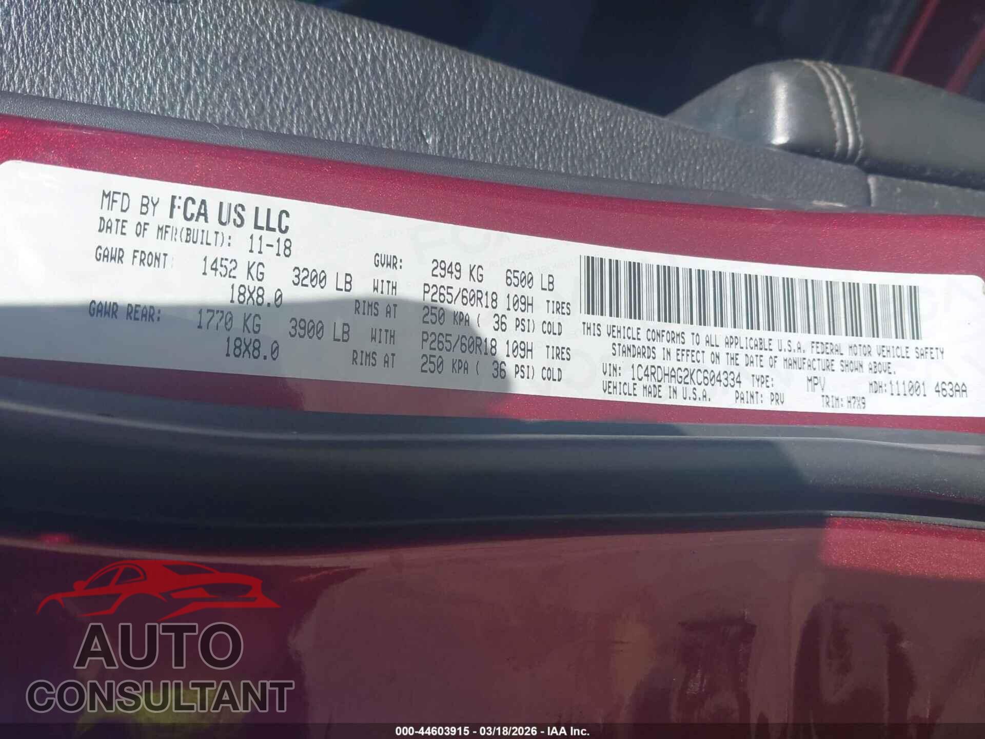 DODGE DURANGO 2019 - 1C4RDHAG2KC604334