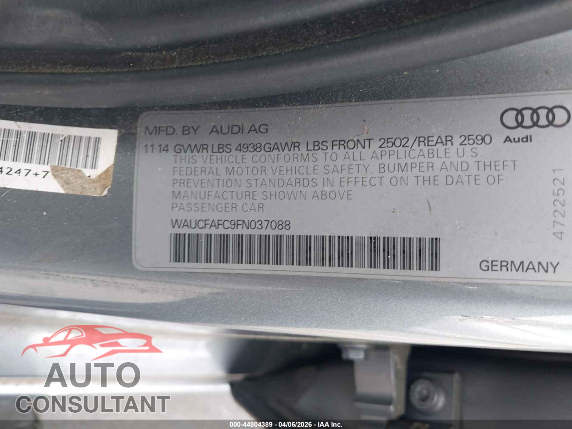 AUDI A6 2015 - WAUCFAFC9FN037088
