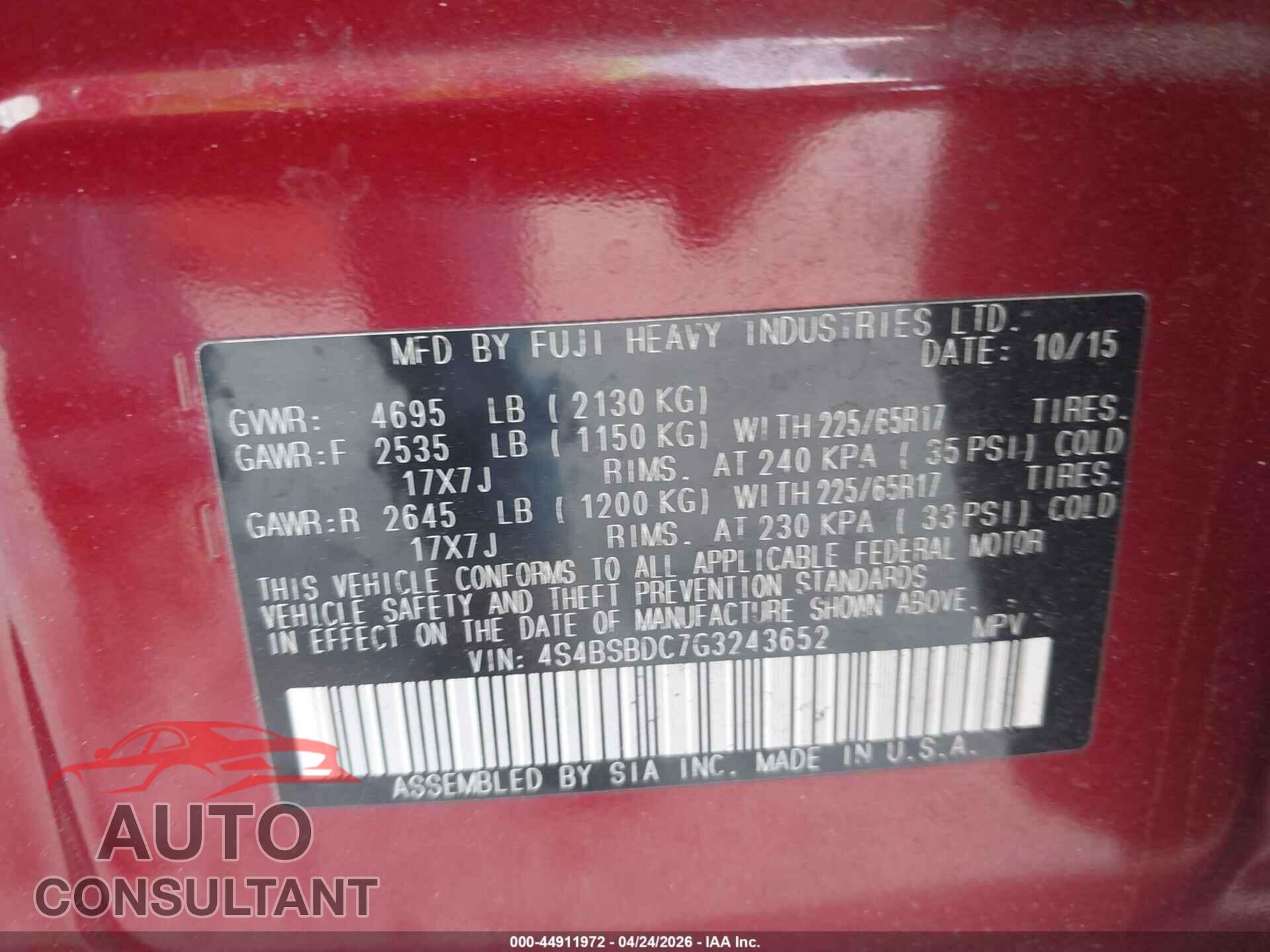 SUBARU OUTBACK 2016 - 4S4BSBDC7G3243652