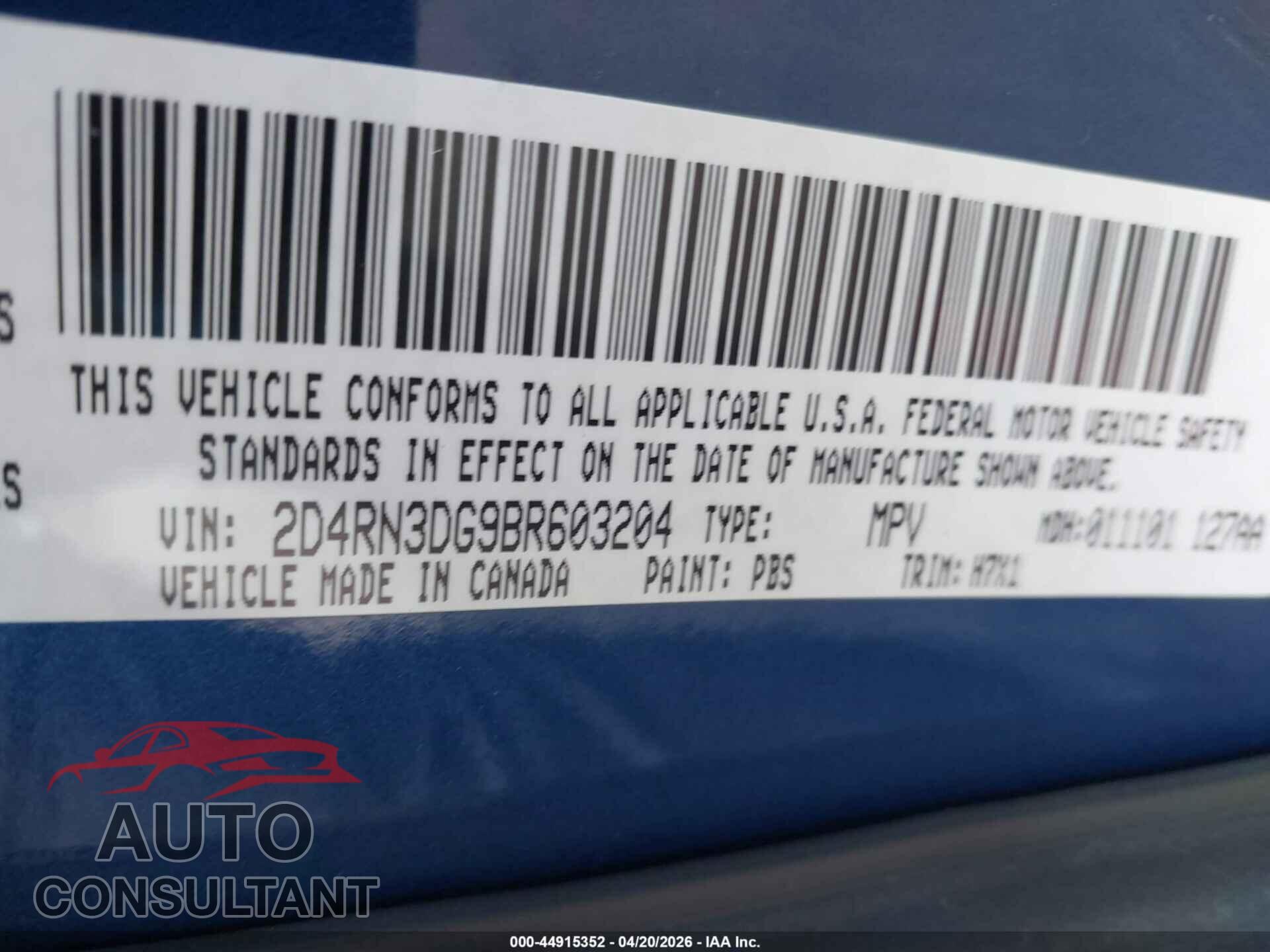 DODGE GRAND CARAVAN 2011 - 2D4RN3DG9BR603204