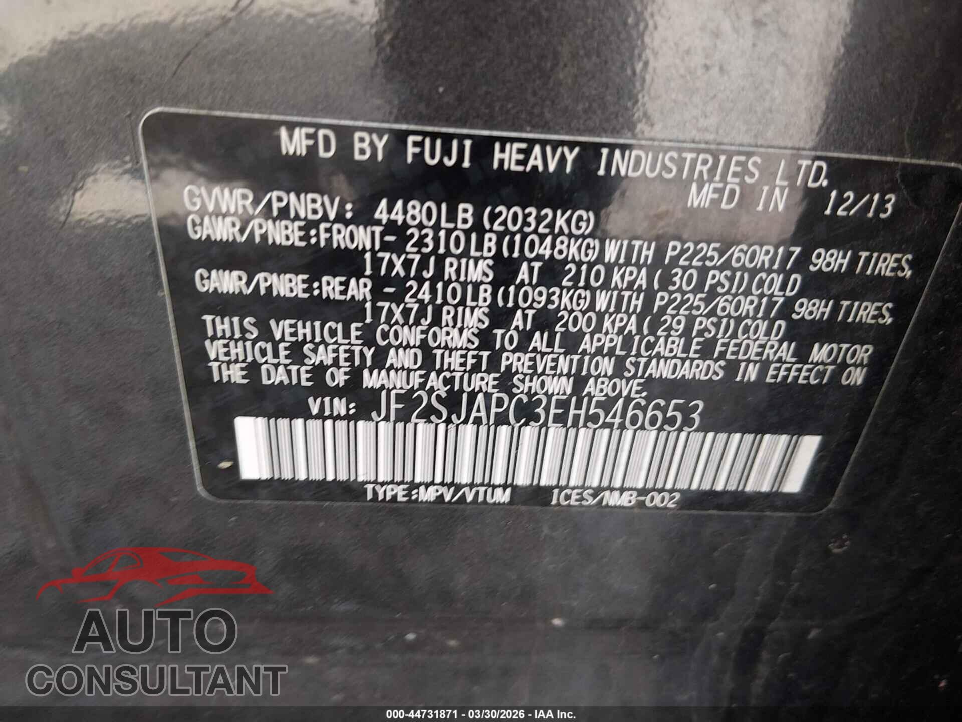 SUBARU FORESTER 2014 - JF2SJAPC3EH546653