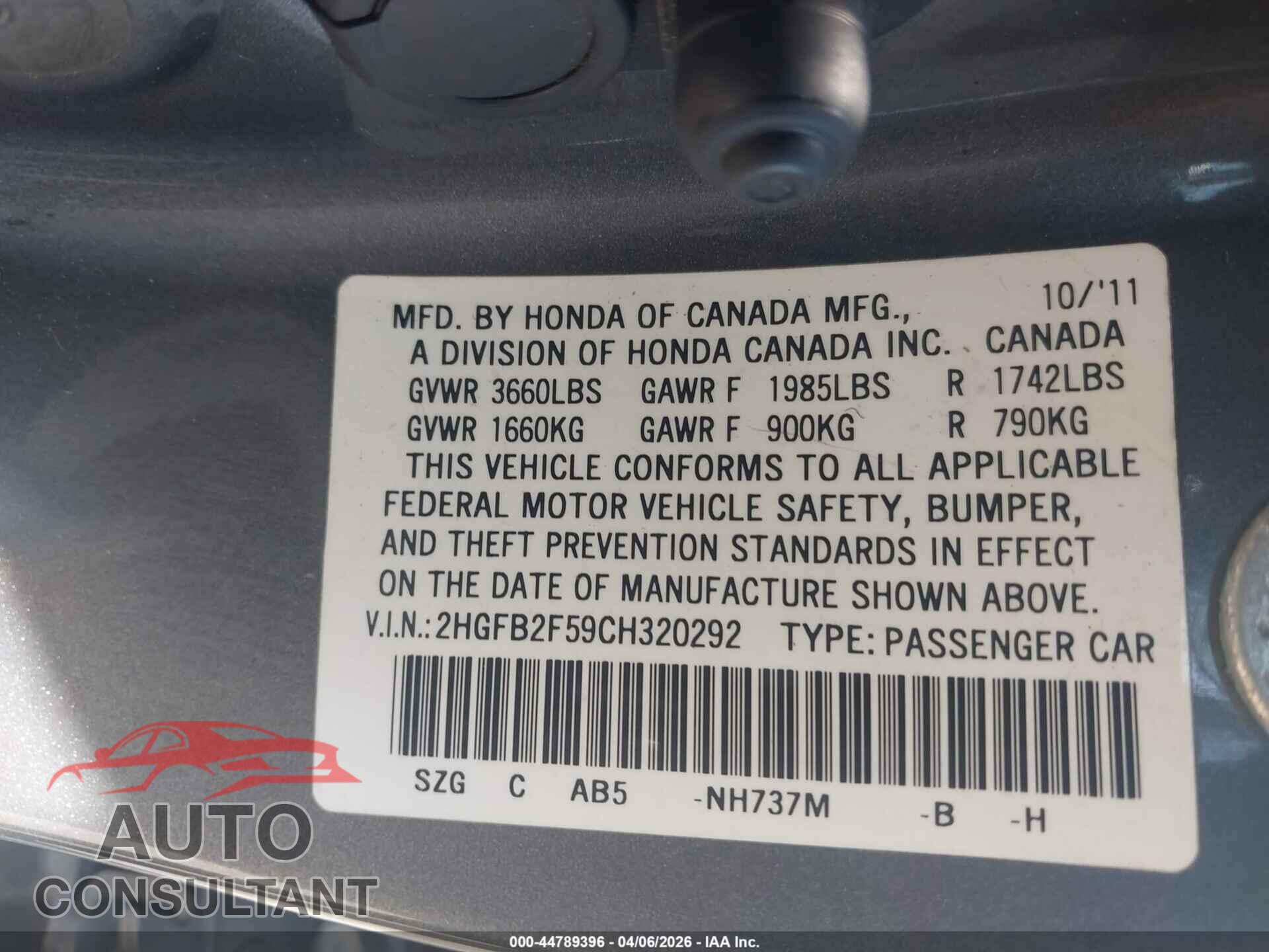HONDA CIVIC 2012 - 2HGFB2F59CH320292