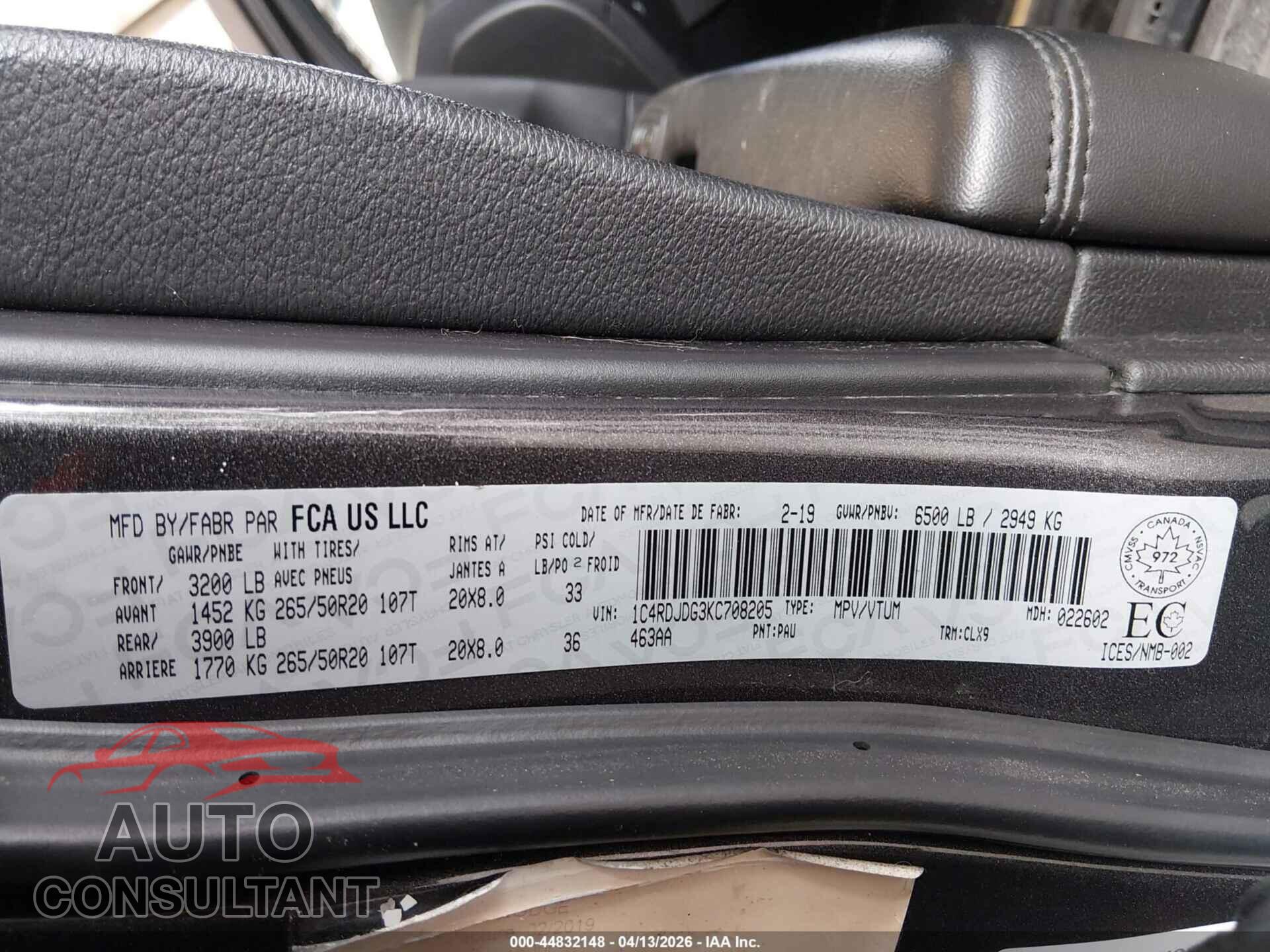 DODGE DURANGO 2019 - 1C4RDJDG3KC708205