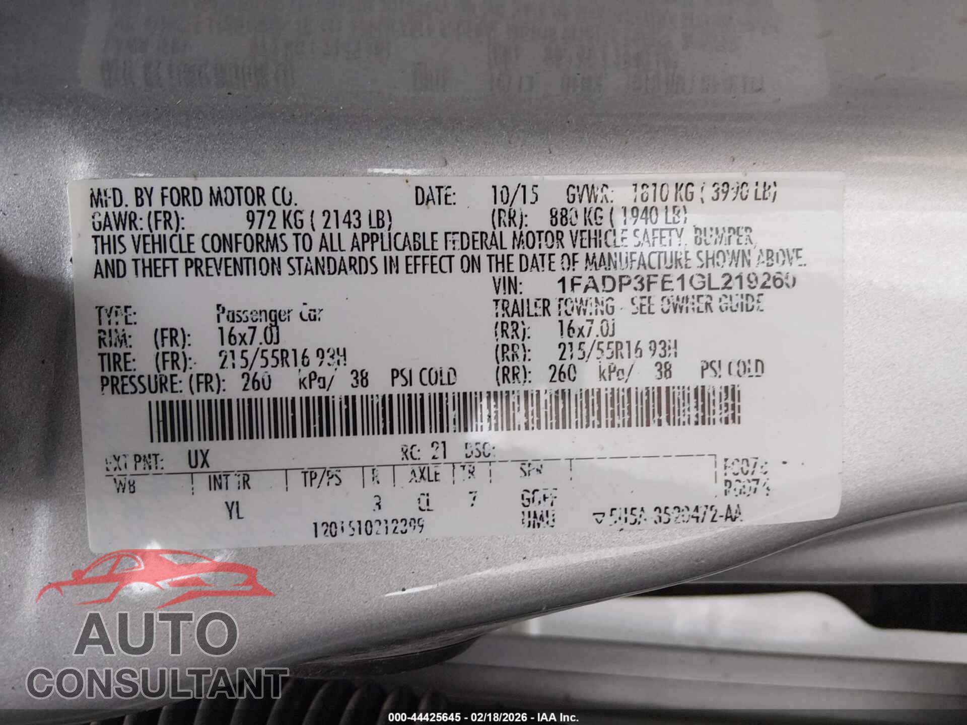 FORD FOCUS 2016 - 1FADP3FE1GL219260