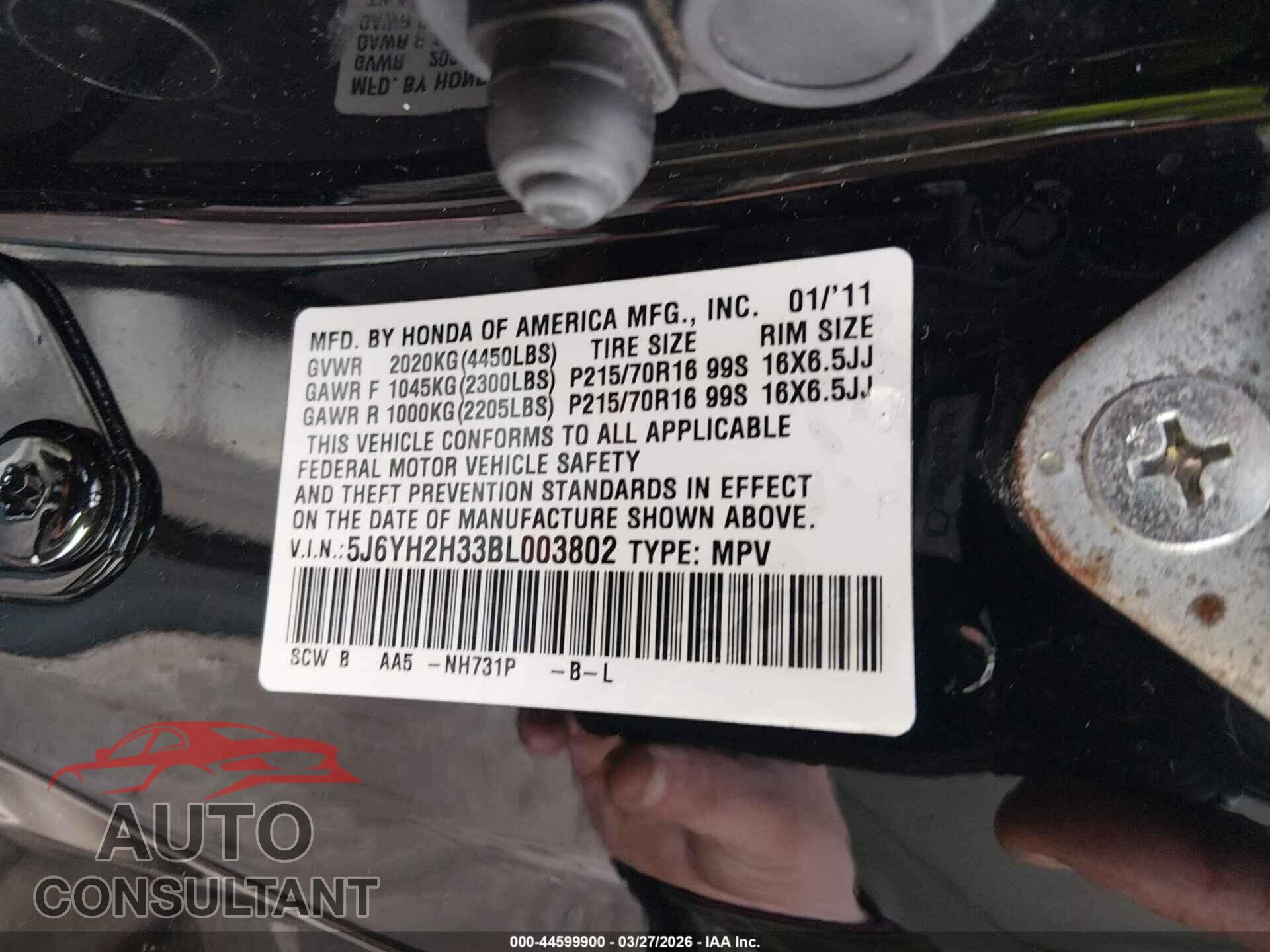 HONDA ELEMENT 2011 - 5J6YH2H33BL003802