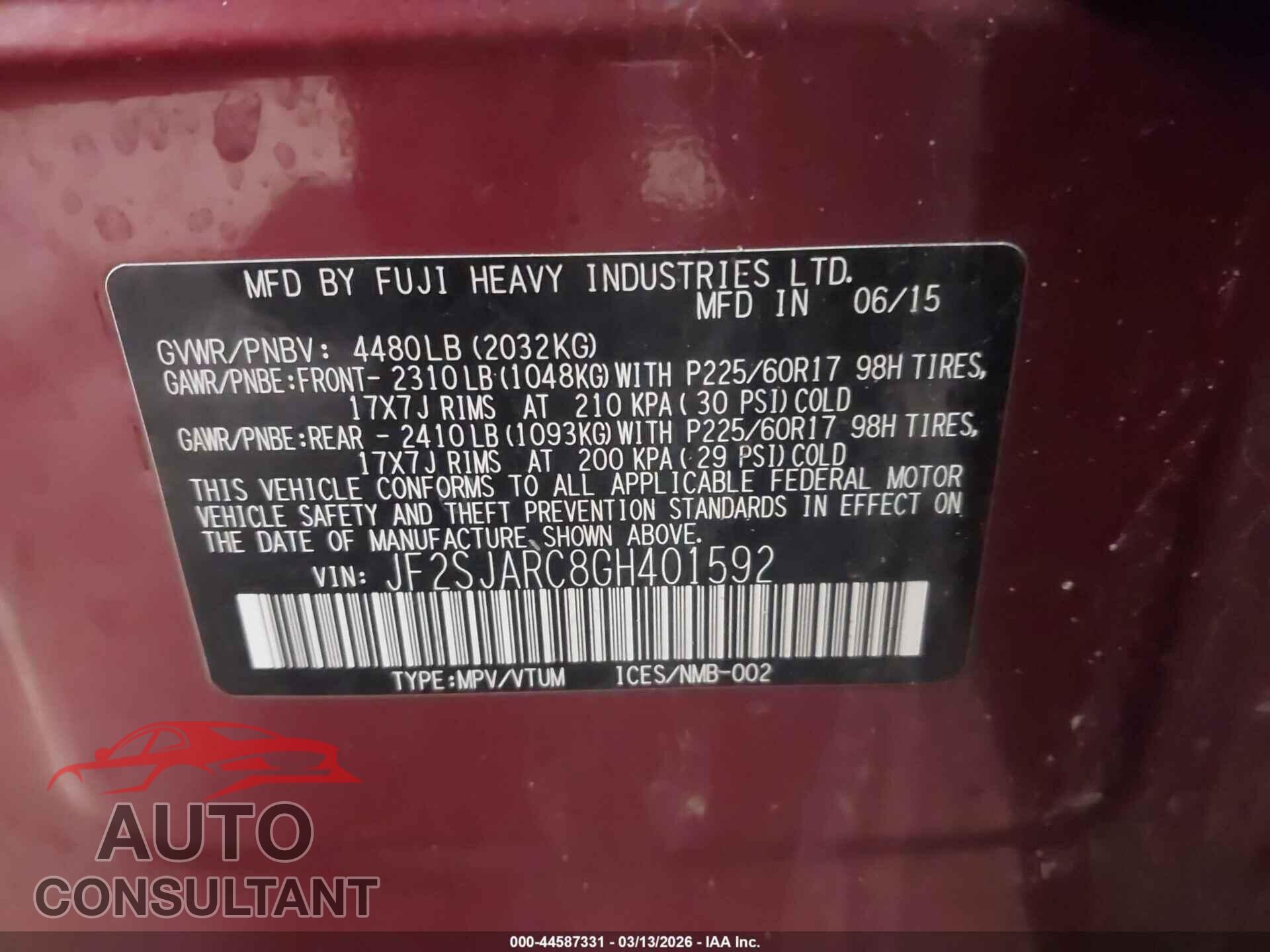 SUBARU FORESTER 2016 - JF2SJARC8GH401592