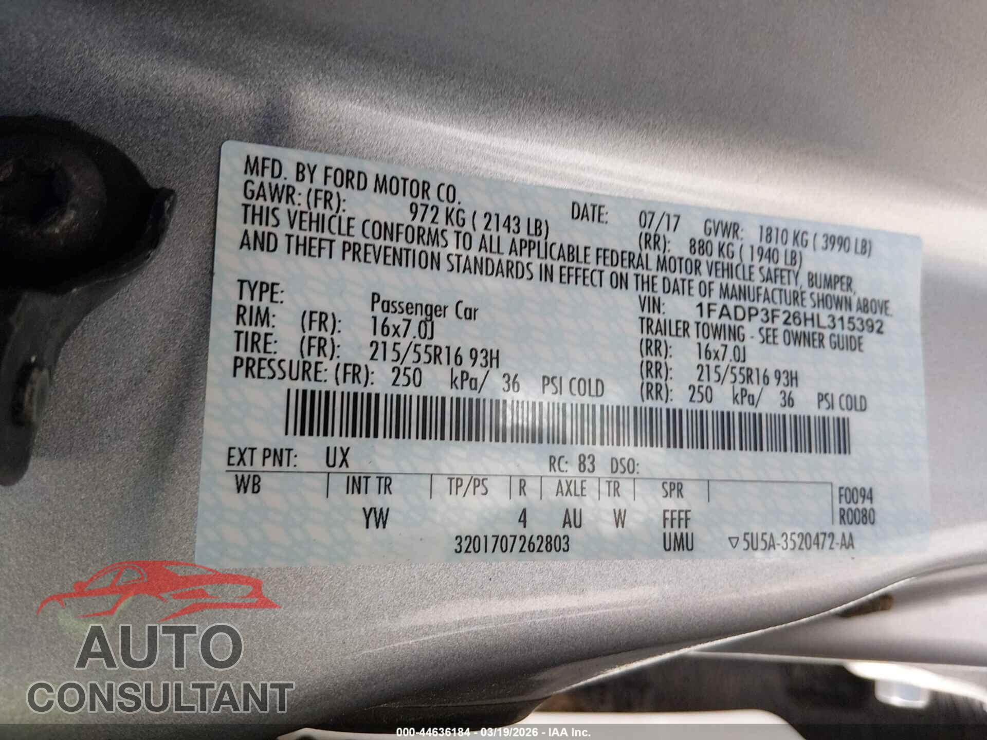 FORD FOCUS 2017 - 1FADP3F26HL315392