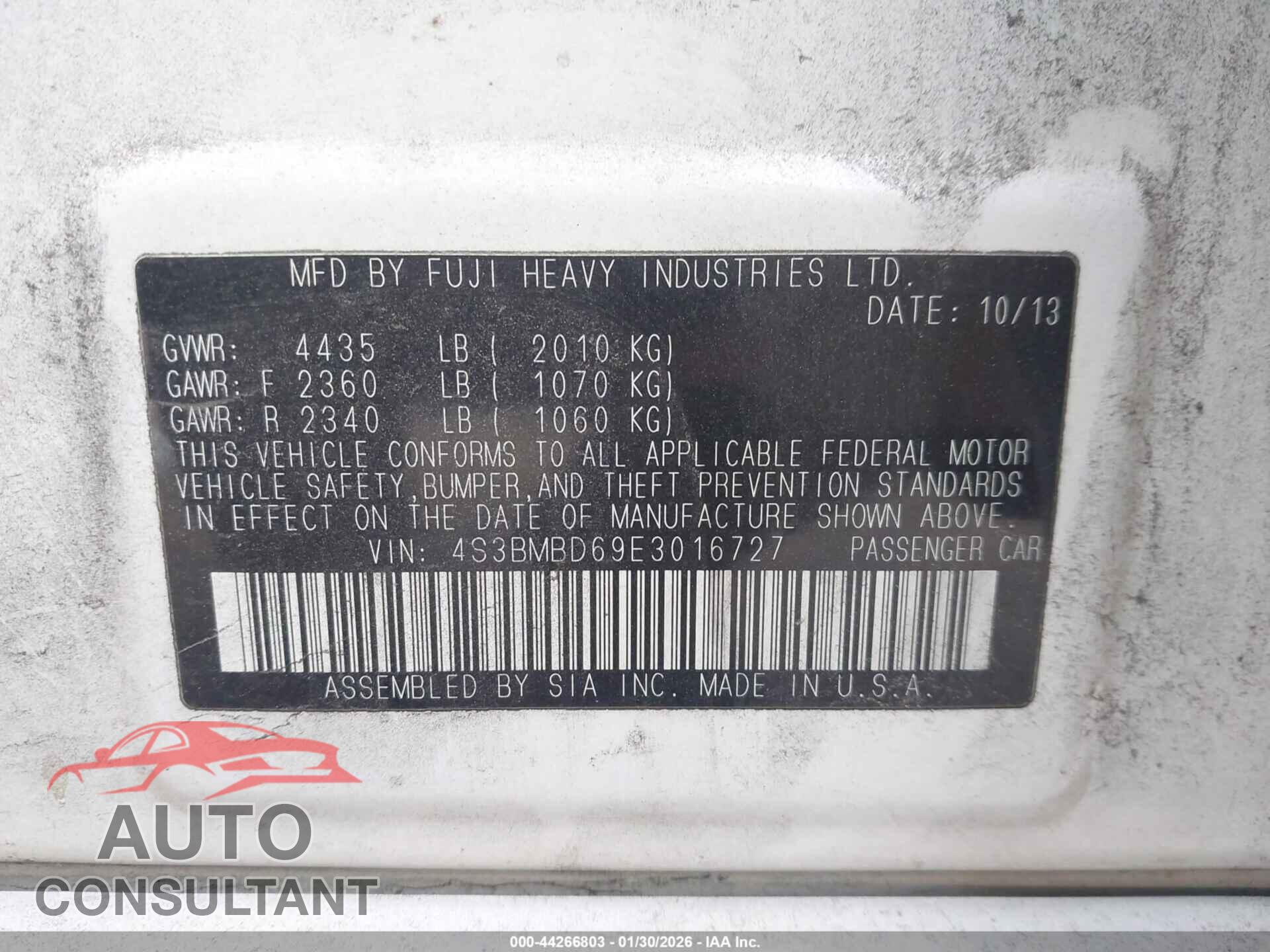 SUBARU LEGACY 2014 - 4S3BMBD69E3016727
