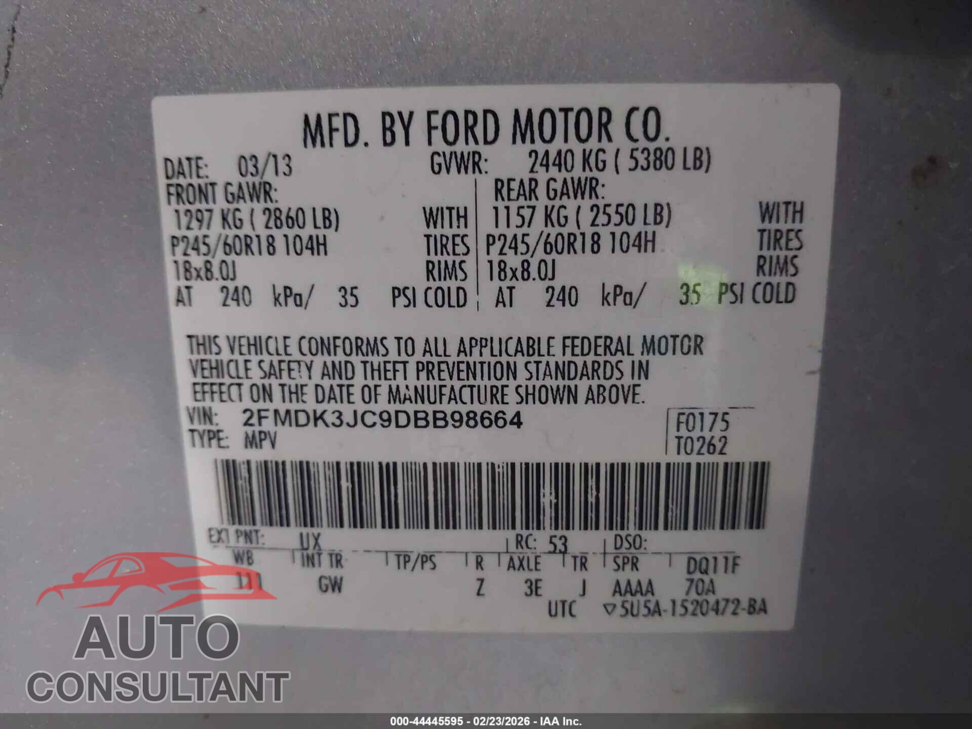 FORD EDGE 2013 - 2FMDK3JC9DBB98664