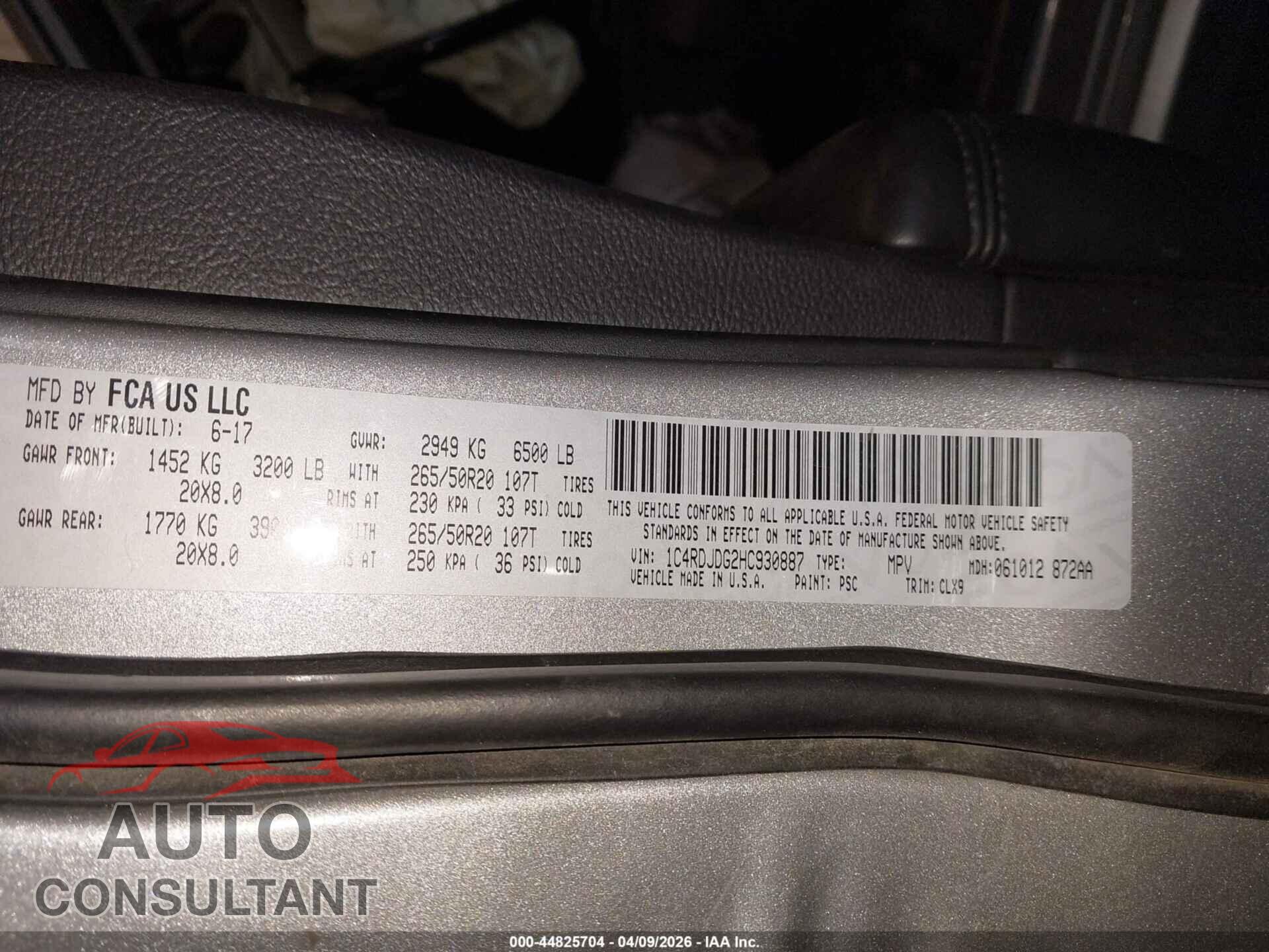 DODGE DURANGO 2017 - 1C4RDJDG2HC930887
