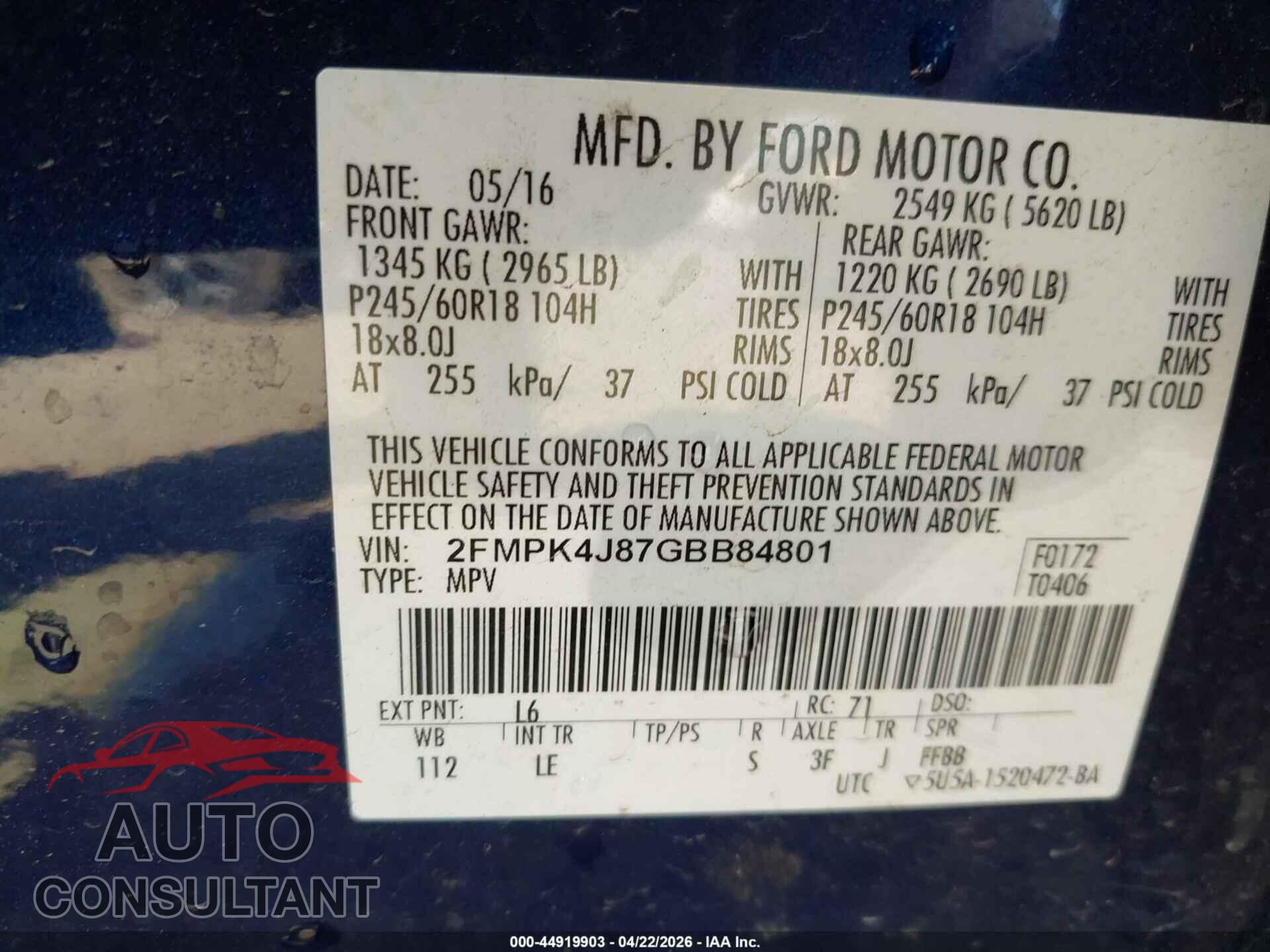 FORD EDGE 2016 - 2FMPK4J87GBB84801