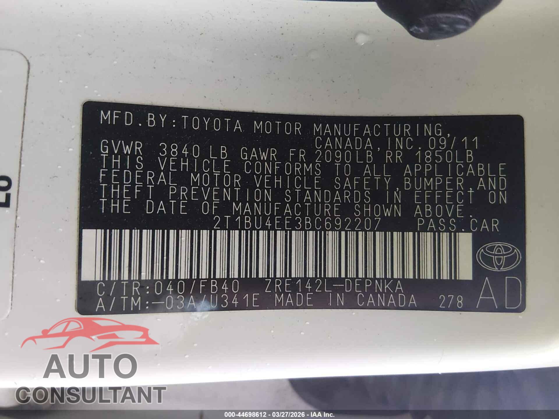 TOYOTA COROLLA 2011 - 2T1BU4EE3BC692207