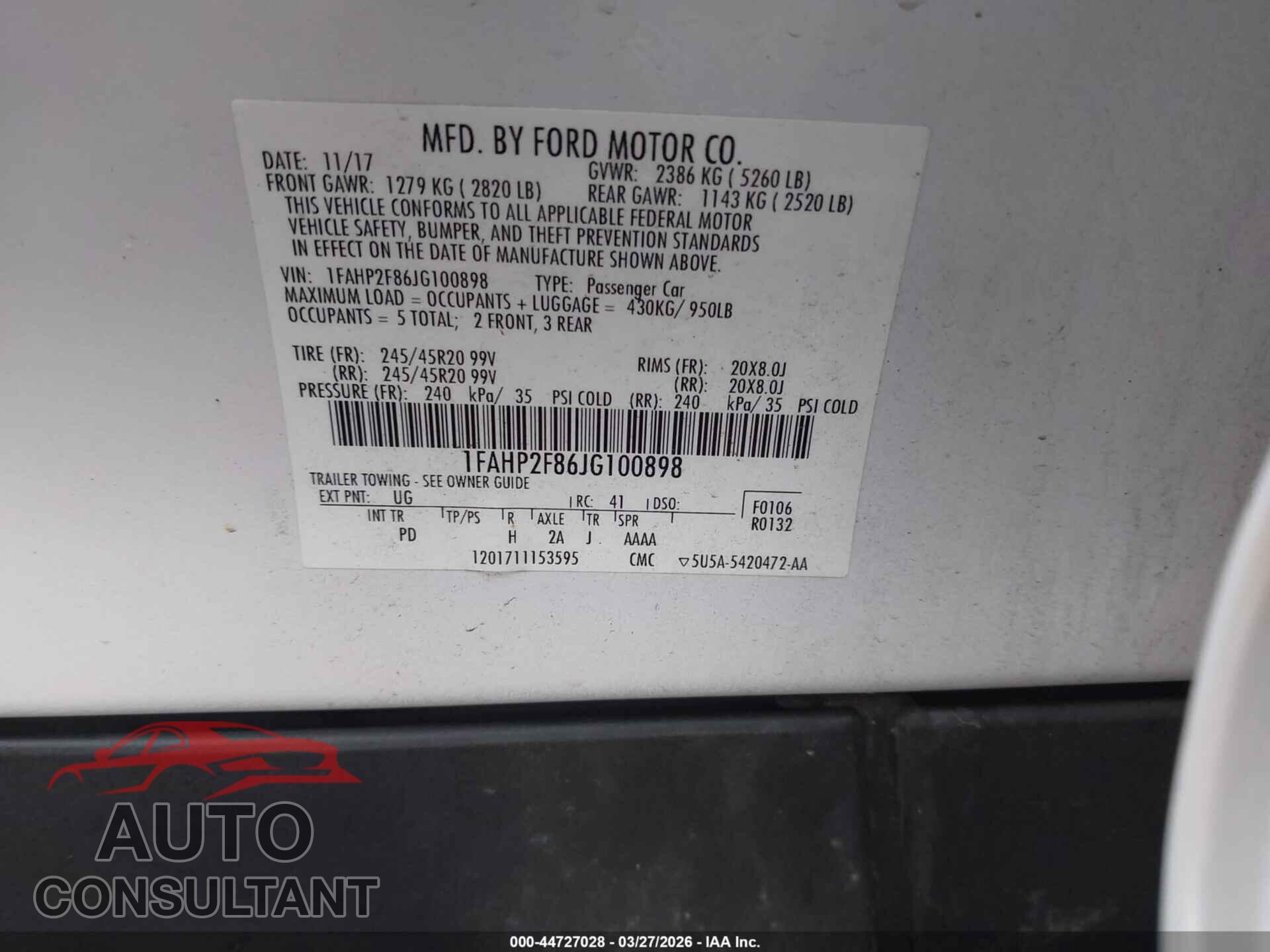 FORD TAURUS 2018 - 1FAHP2F86JG100898
